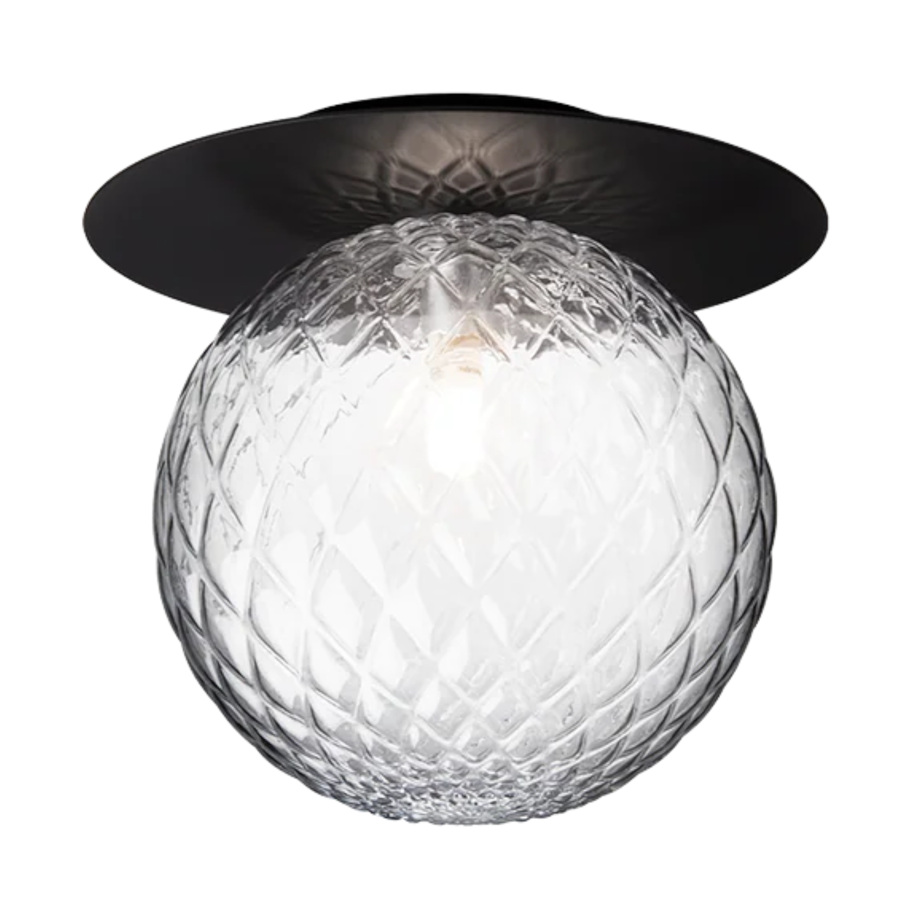 Liila 1 Large Wall Light Dark Bronze/Optic with a mouth-blown clear optic glass globe, diamond-textured surface and slim dark bronze wall plate.
