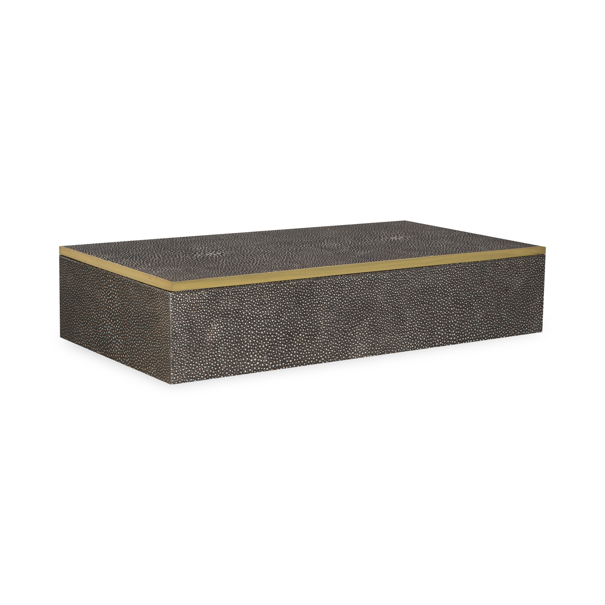 Stay organized with this  box wrapped in luxurious shagreen with brass accents and velvet backing.