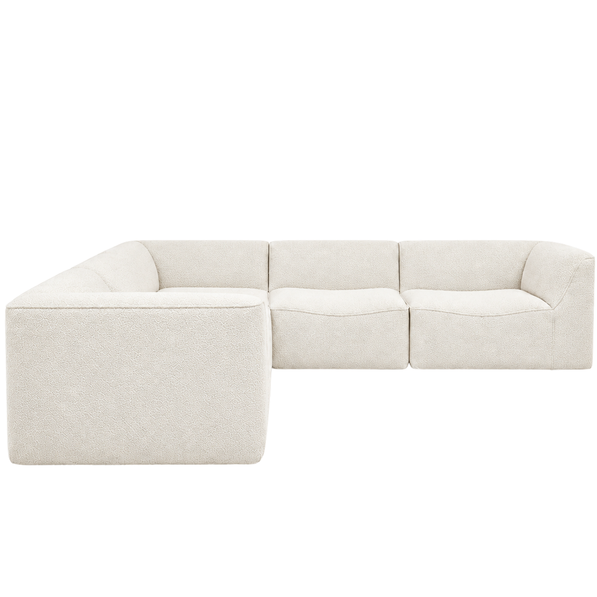 Bento Modular Sectional shown from the side in ivory bouclé, with an L-shaped layout, a wide rounded side panel in the foreground and a sloped arm at the far right.