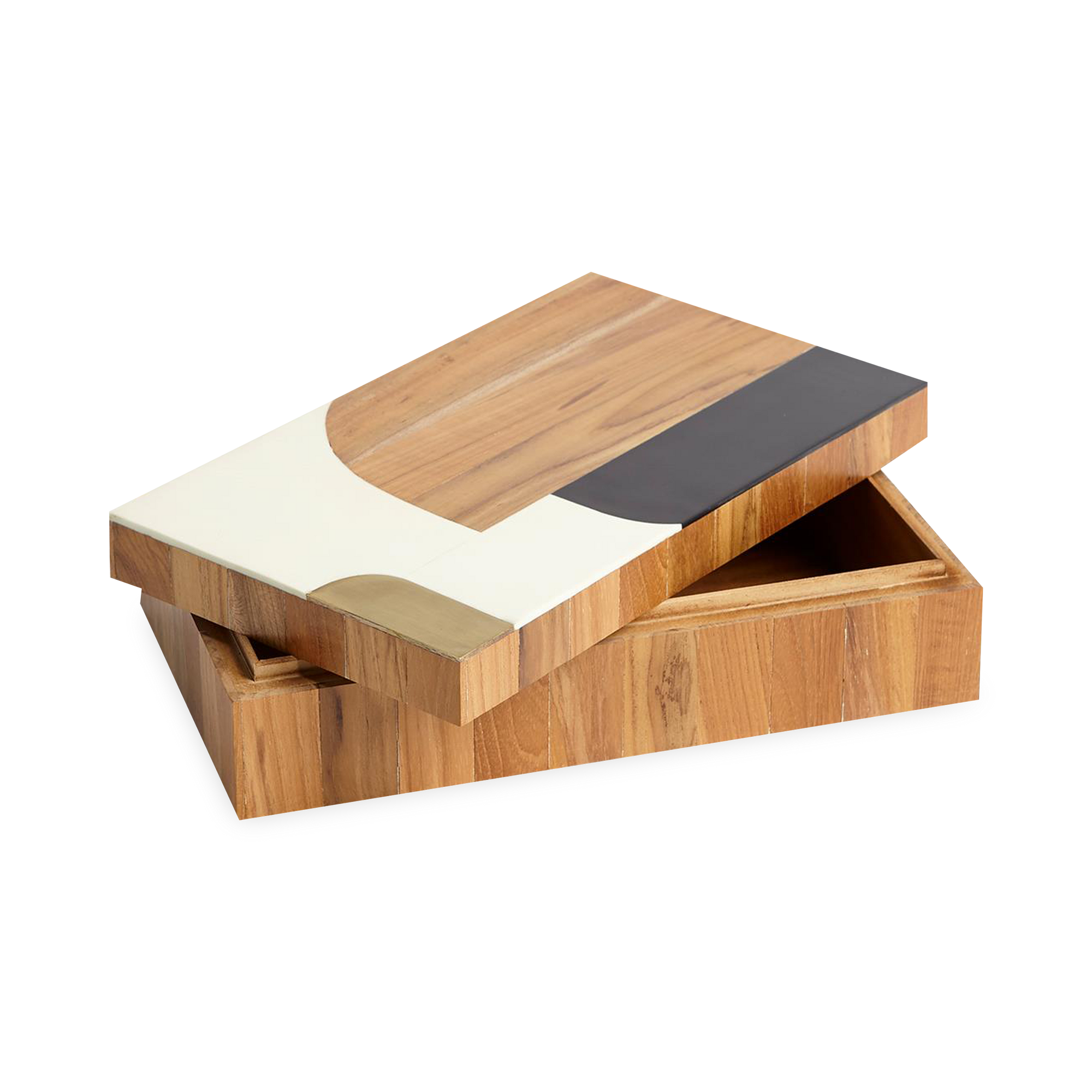 Teak wood, resin and brass join forces to create these abstract boxes.