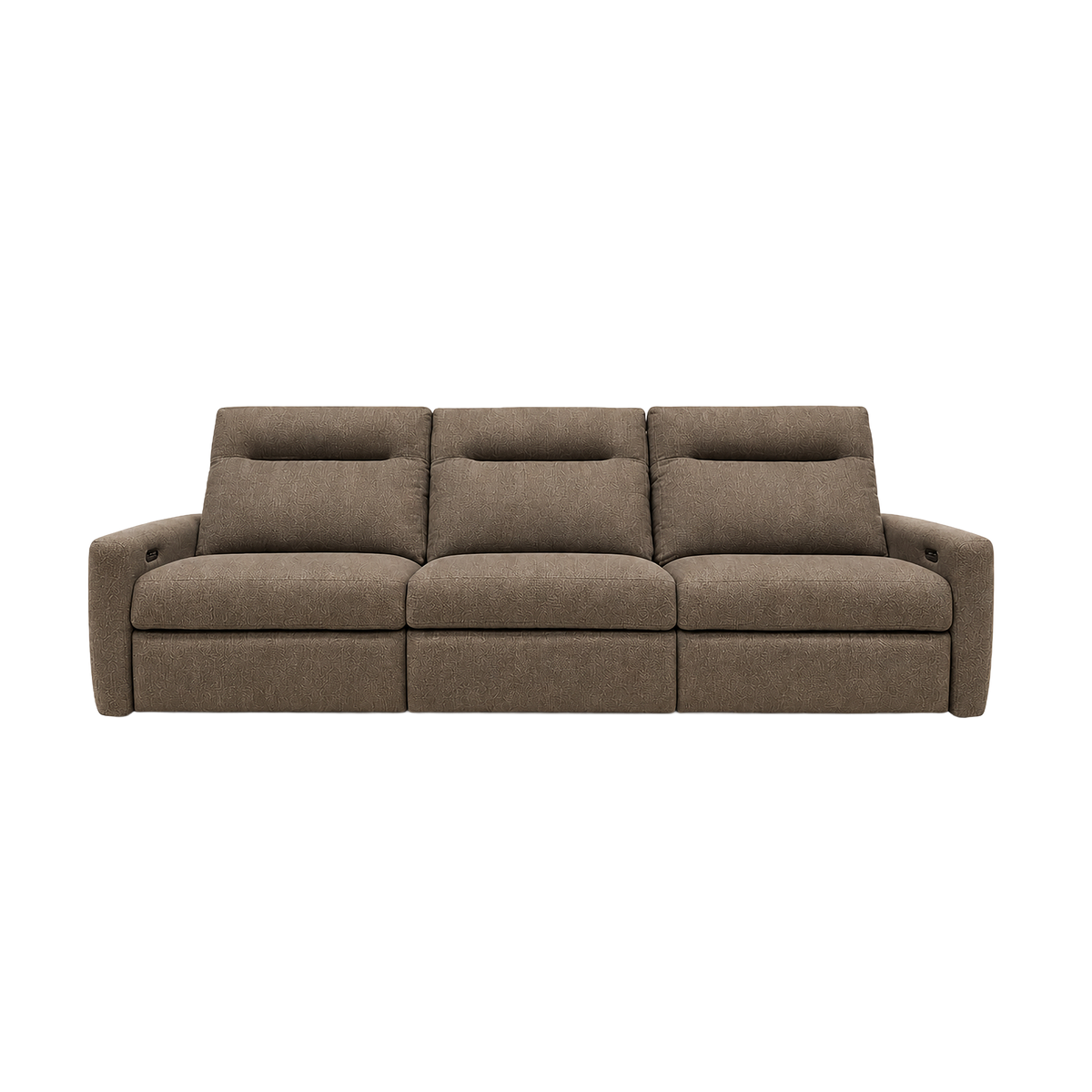 Keystone Reclining Sofa in heathered taupe-brown, front view showing the plush cushioning, softly rounded arms, and tailored silhouette.