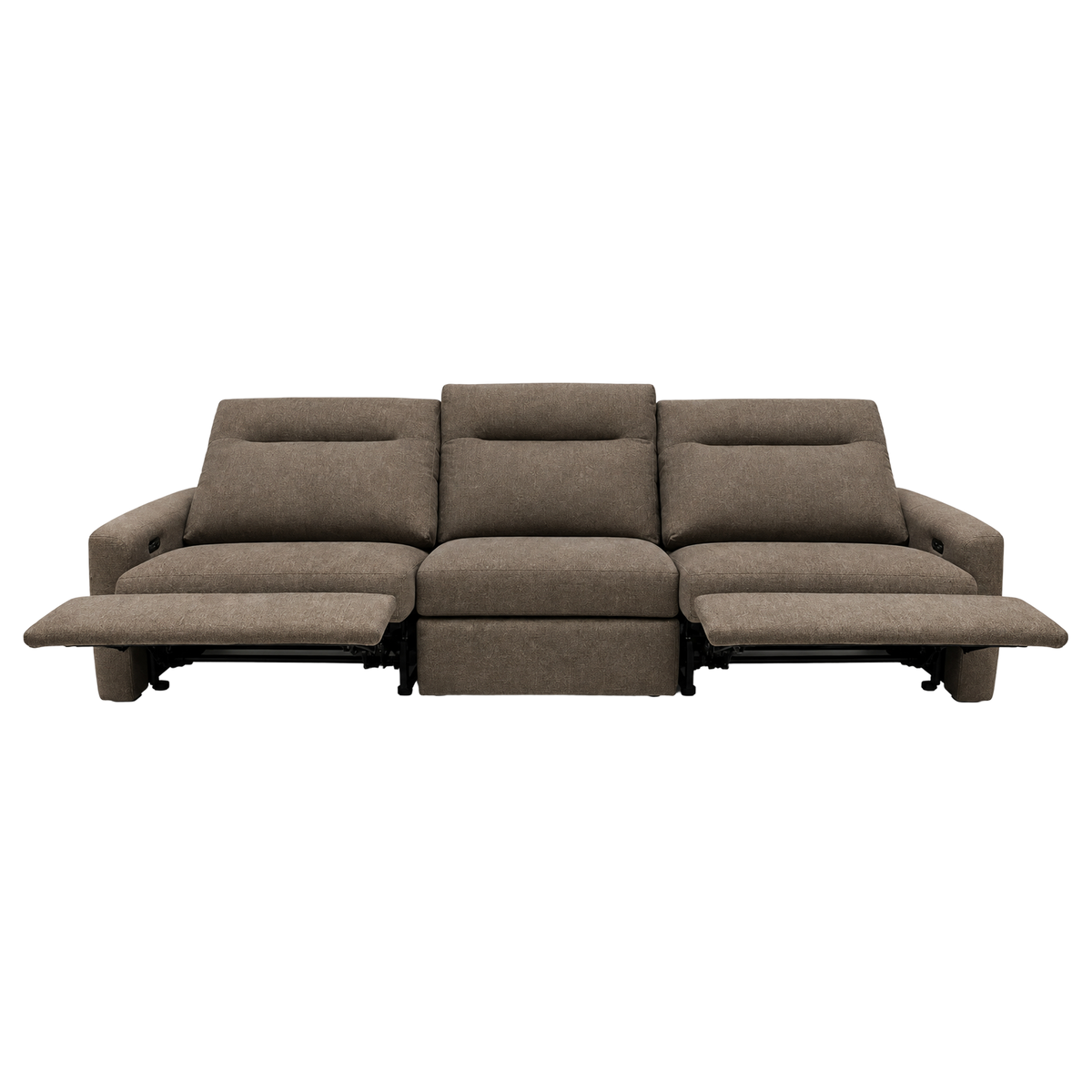 Keystone Reclining Sofa in heathered taupe-brown, front view with footrests extended, showing the power-reclining function.
