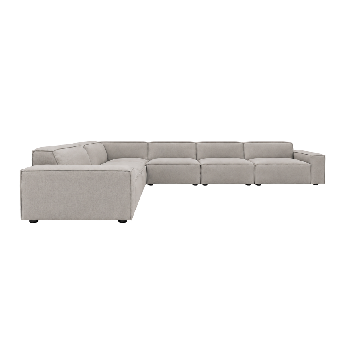 Vetro Modular Sectional Sofa shown from the front in heathered taupe woven fabric, with an L-shaped layout, three deep seat cushions and a low track arm at the far right.