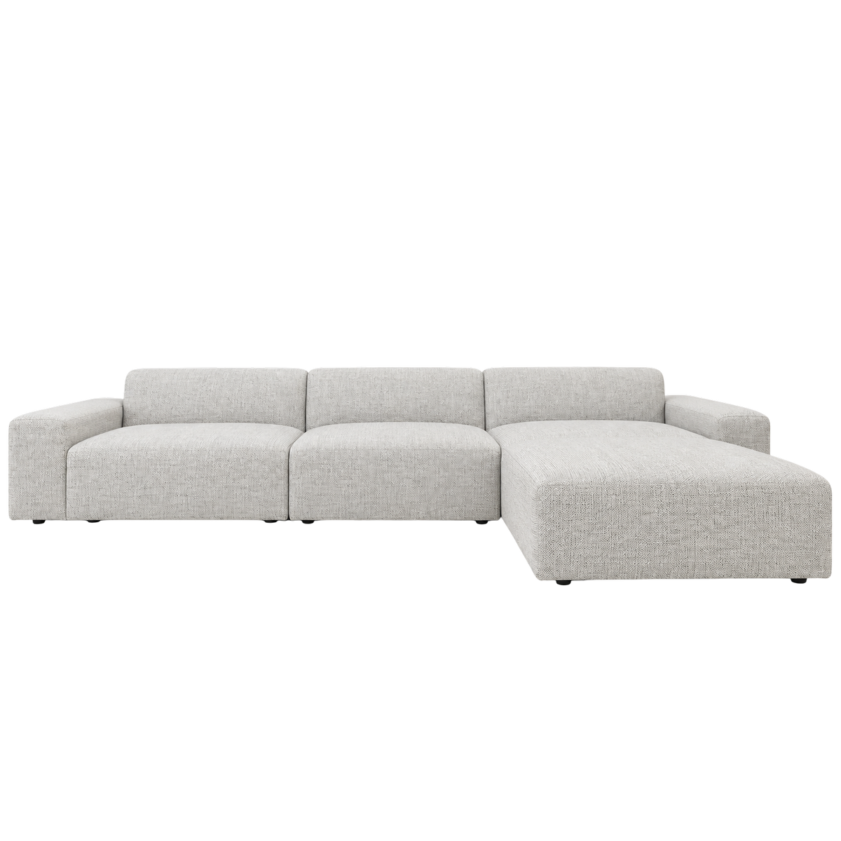 Vetro Bullnose Sectional in heathered gray basketweave, front view showing the low-slung silhouette, rounded bullnose edge, and right-side chaise.