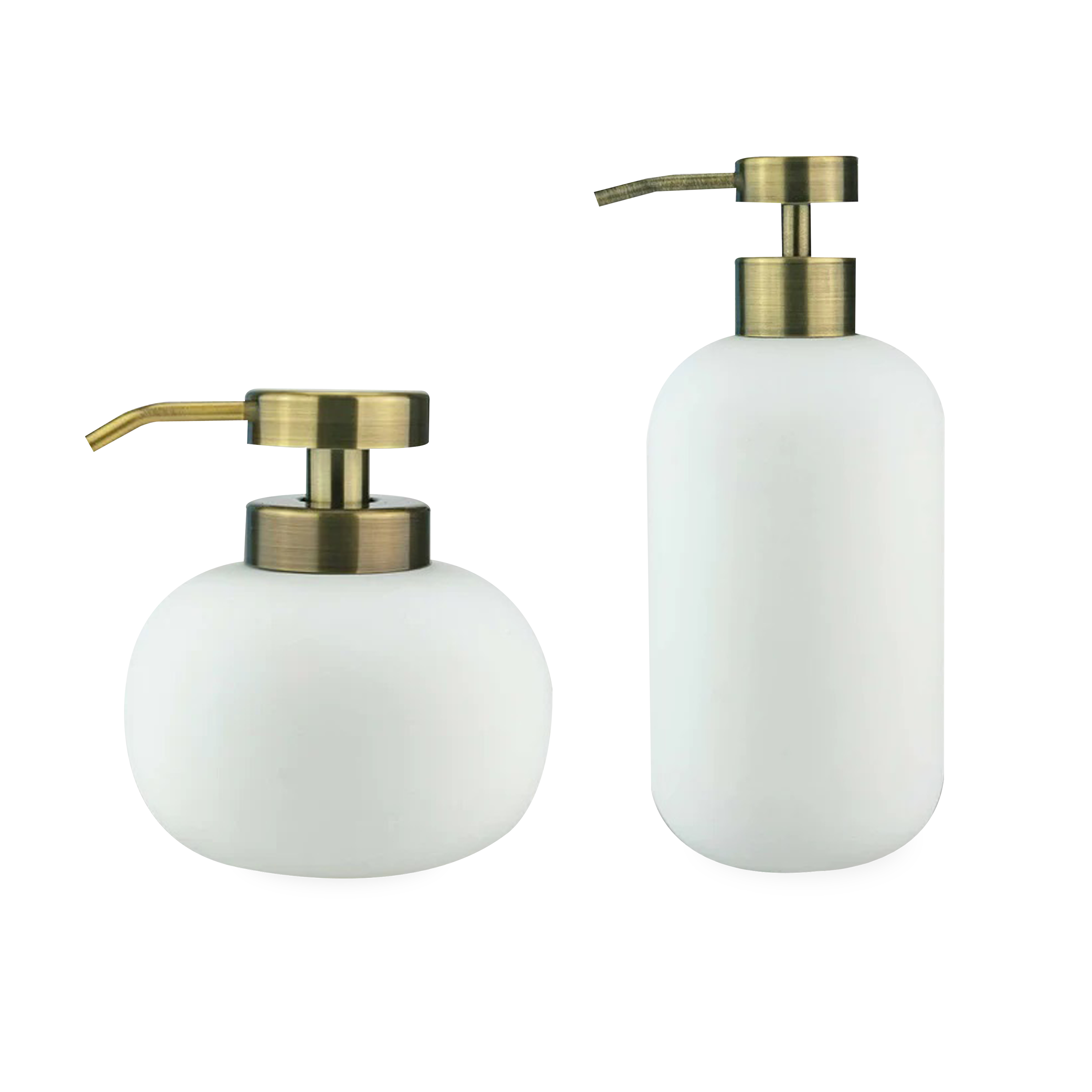 Using soft and organic forms, the Ceramic Rubber Dispenser is made of ceramics coated with a luxurious white rubber finish along with an antiqued gold finished pump.