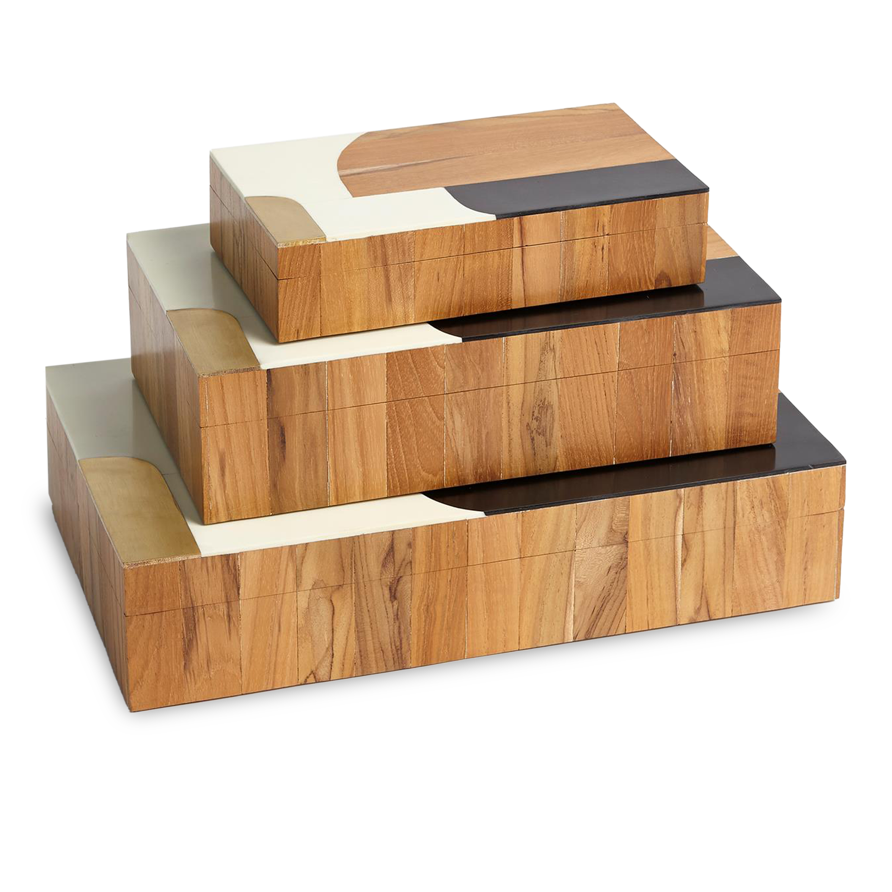 Teak wood, resin and brass join forces to create these abstract boxes.