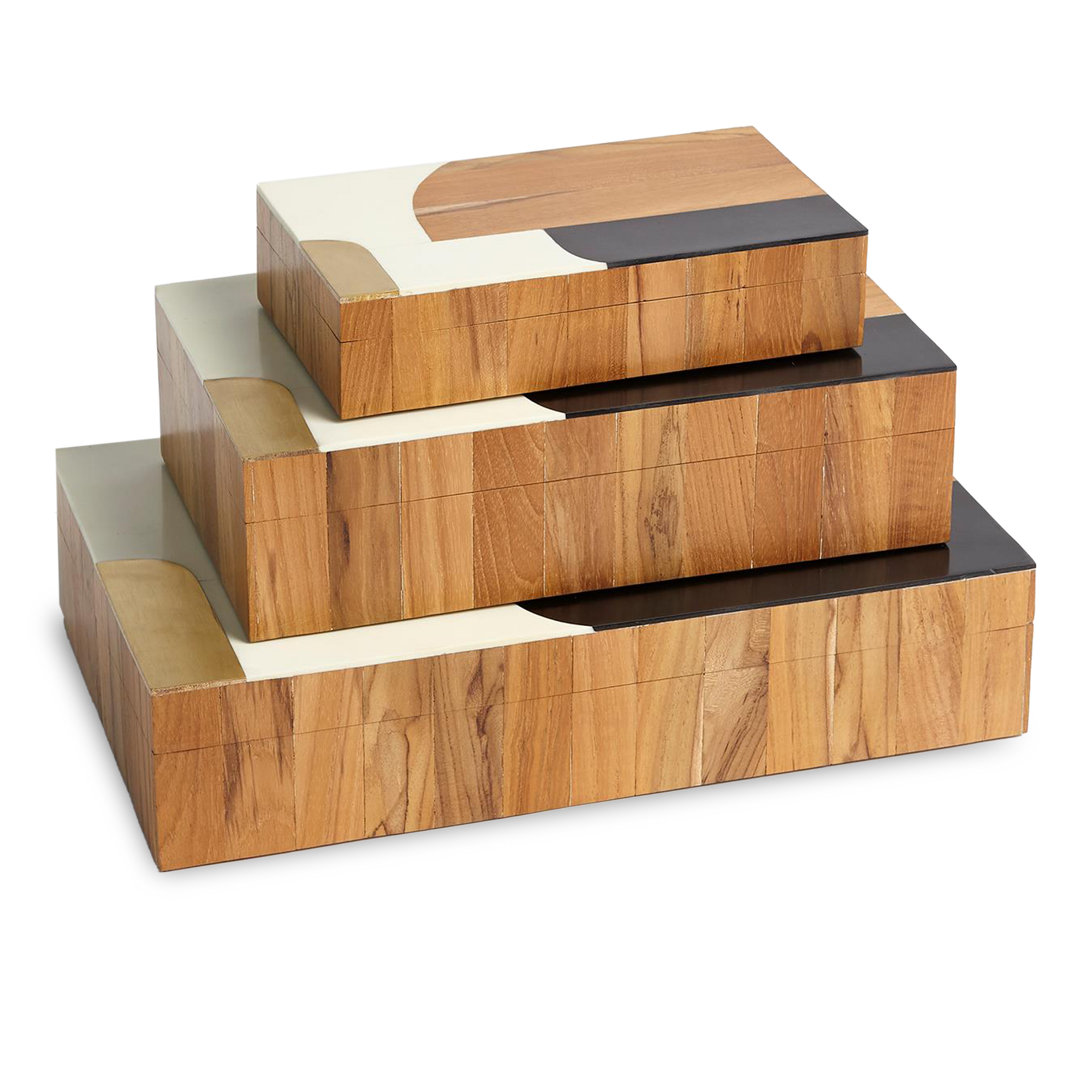 Teak wood, resin and brass join forces to create these abstract boxes.