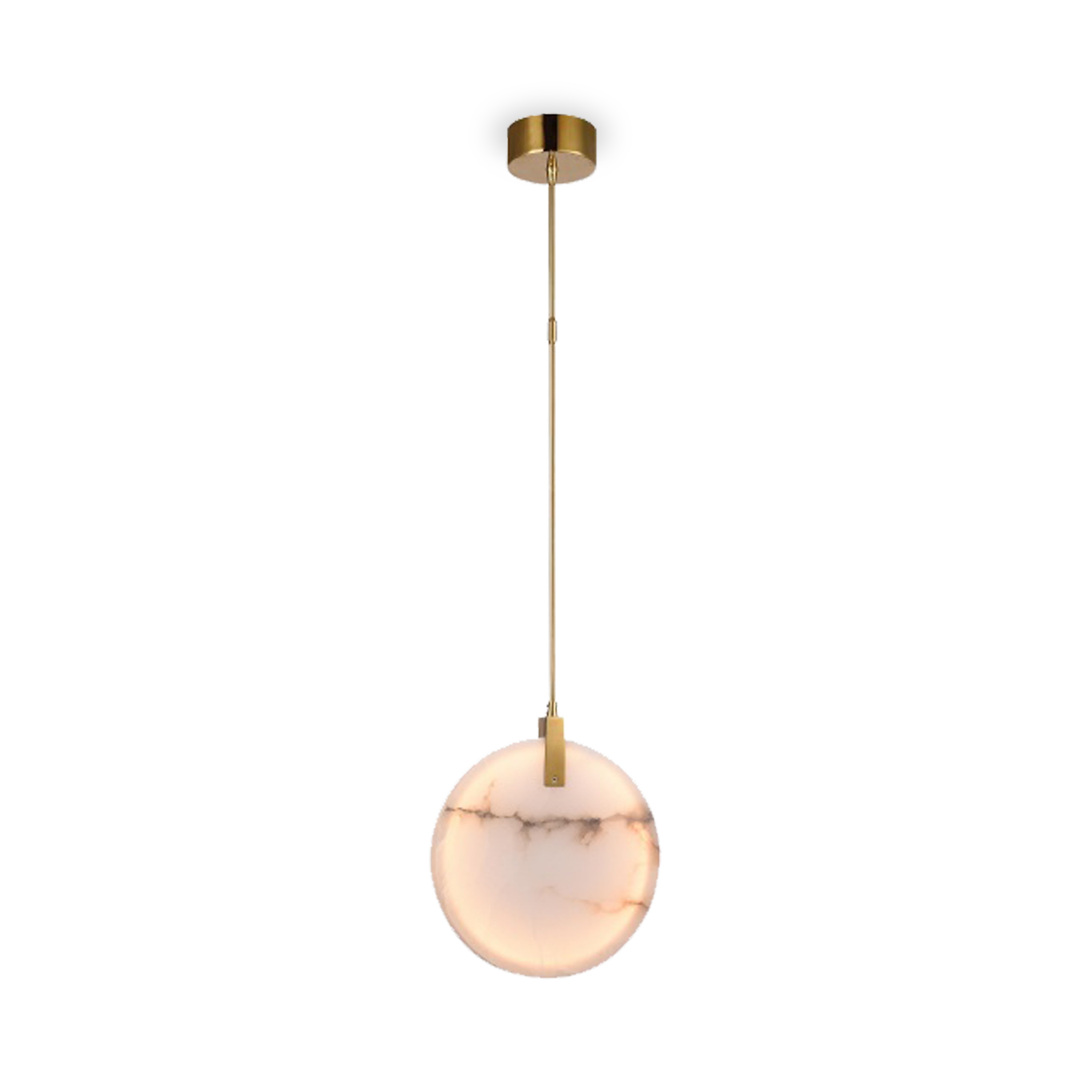 Single pendant LED light crafted in stainless steel with gold finish and a round spanish marble plaque.