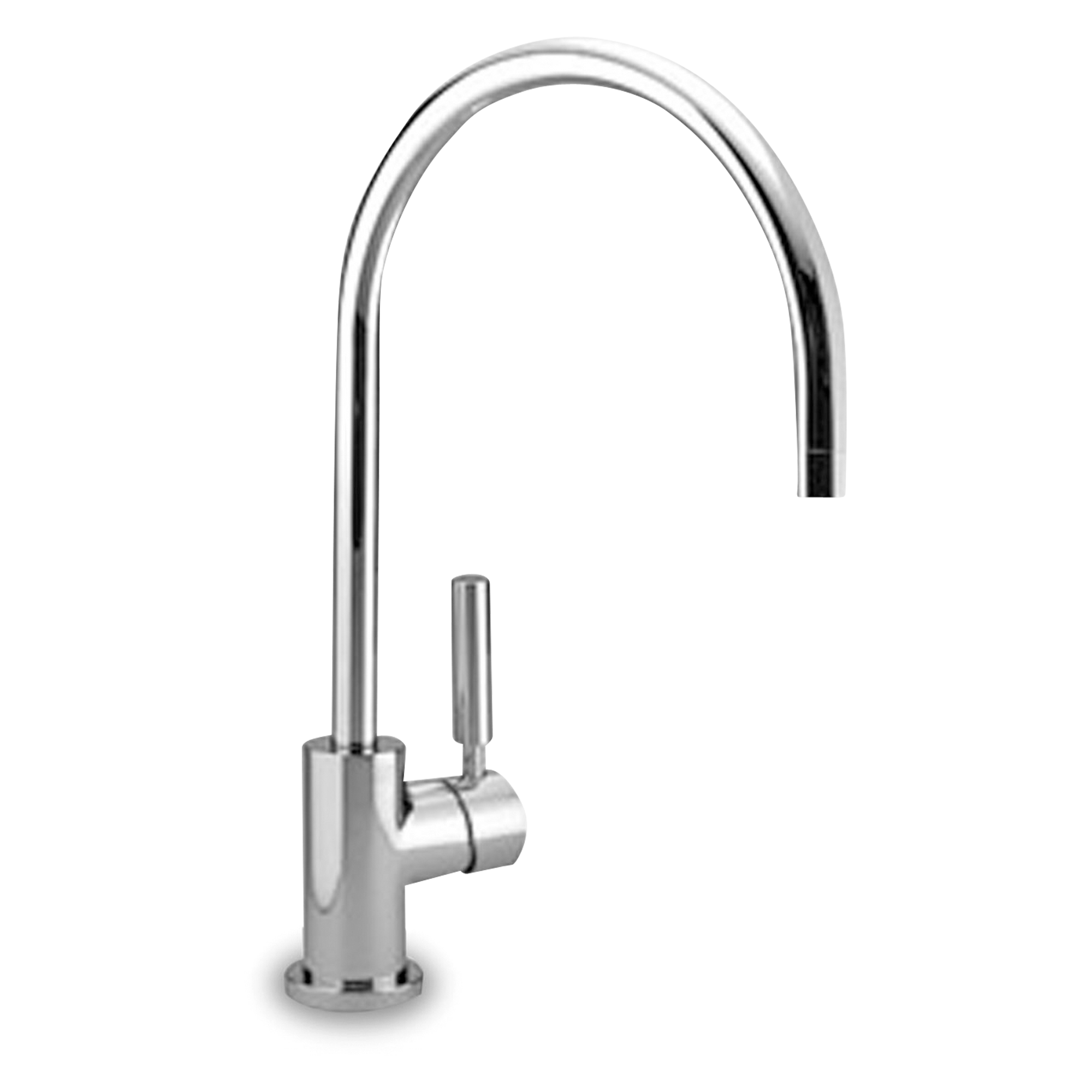A sleek, single-hole, polished chrome faucet.