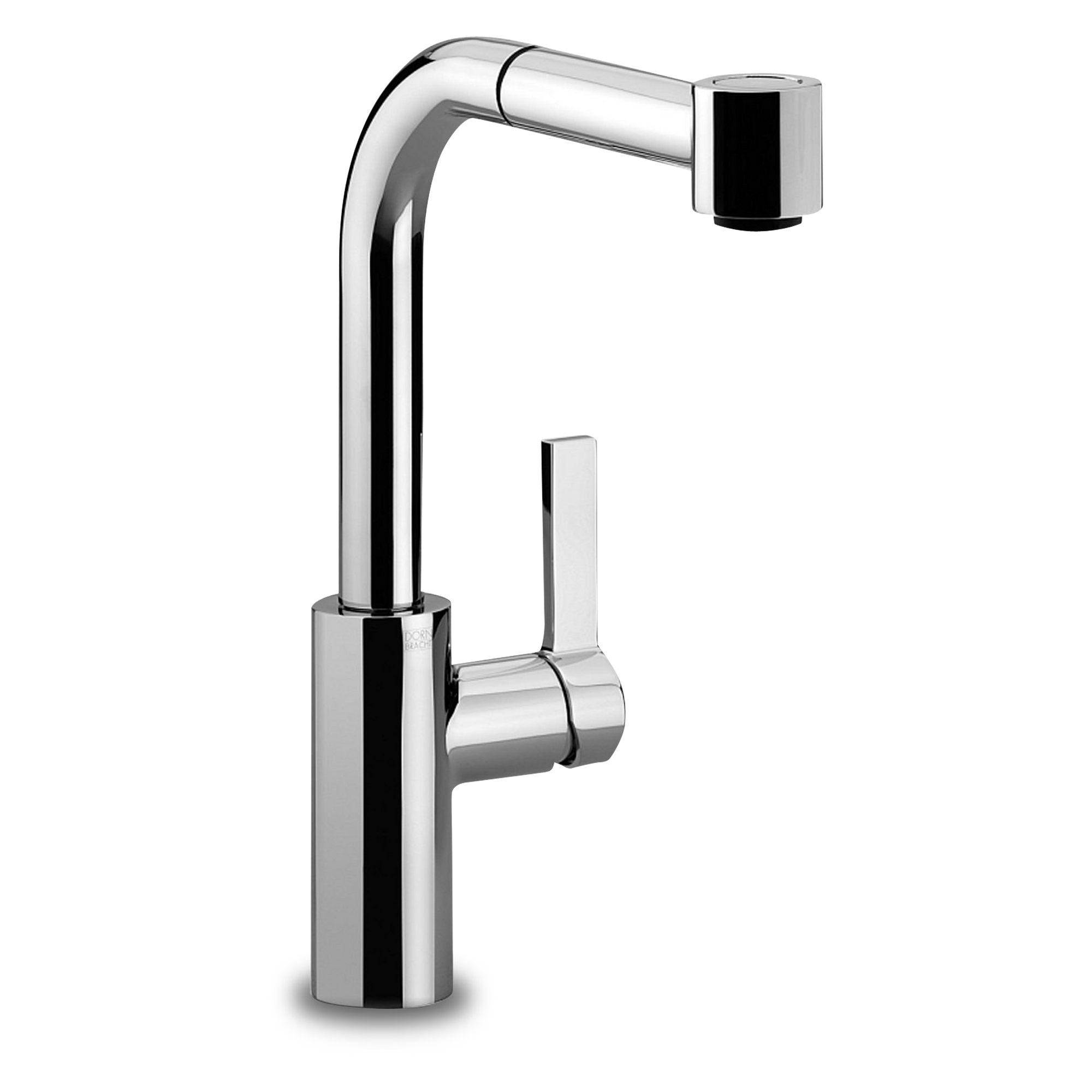 A seamless, modern pull-out kitchen faucet featuring a 360 degree swivel spout with single-lever operation.