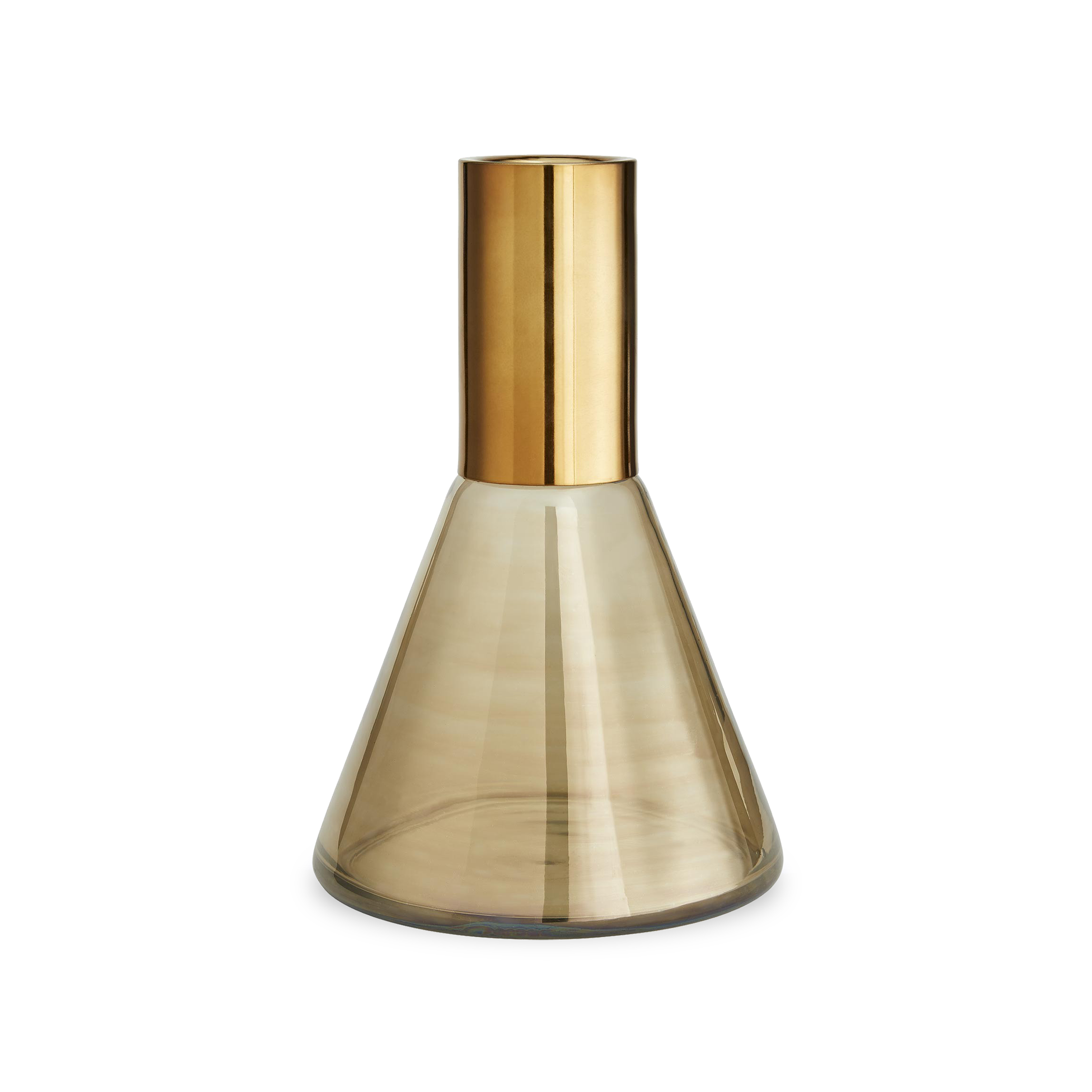 Modern in form, smoke luster glass with antique brass necks unite to create each individually shaped piece.