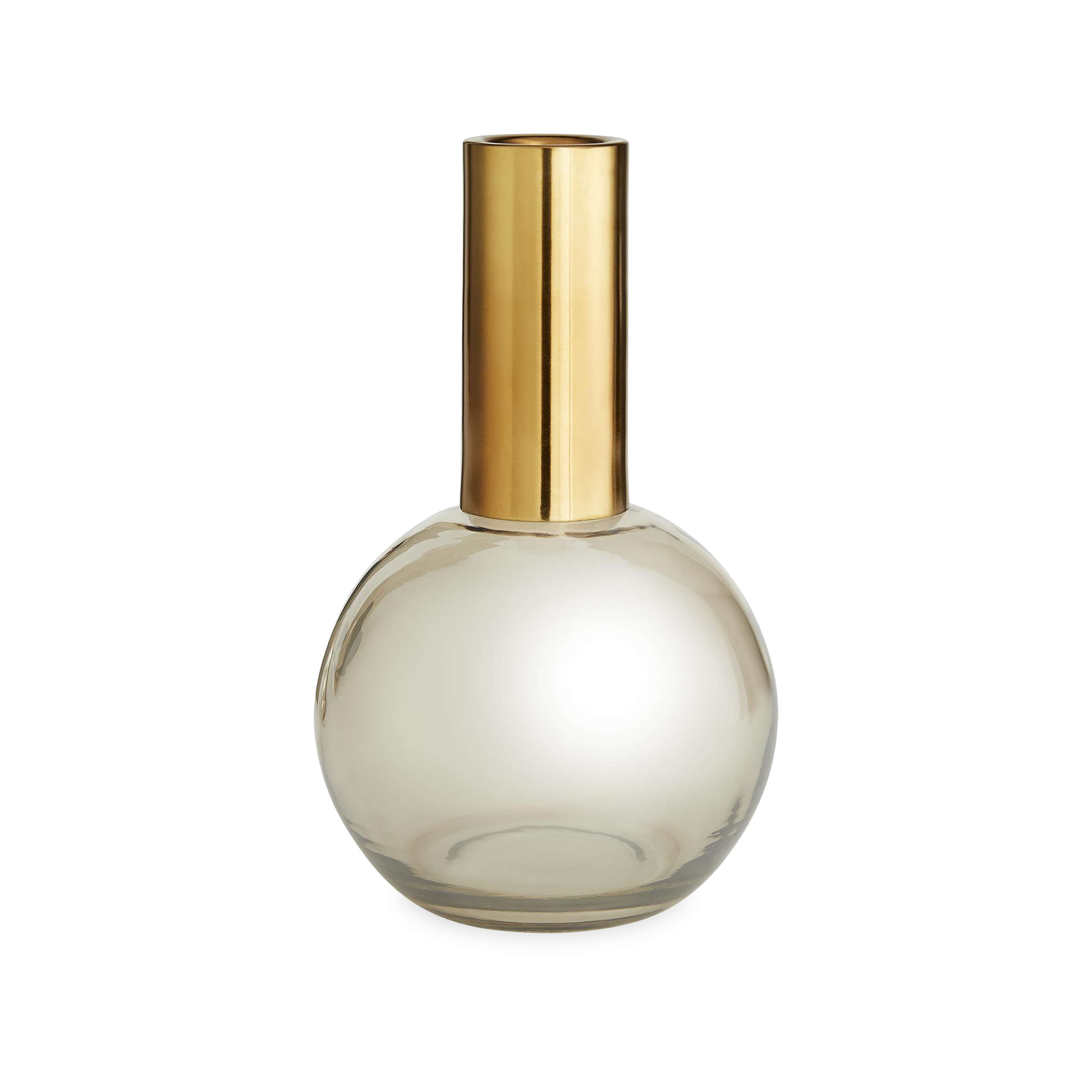 Modern in form, smoke luster glass with antique brass necks unite to create each individually shaped piece.