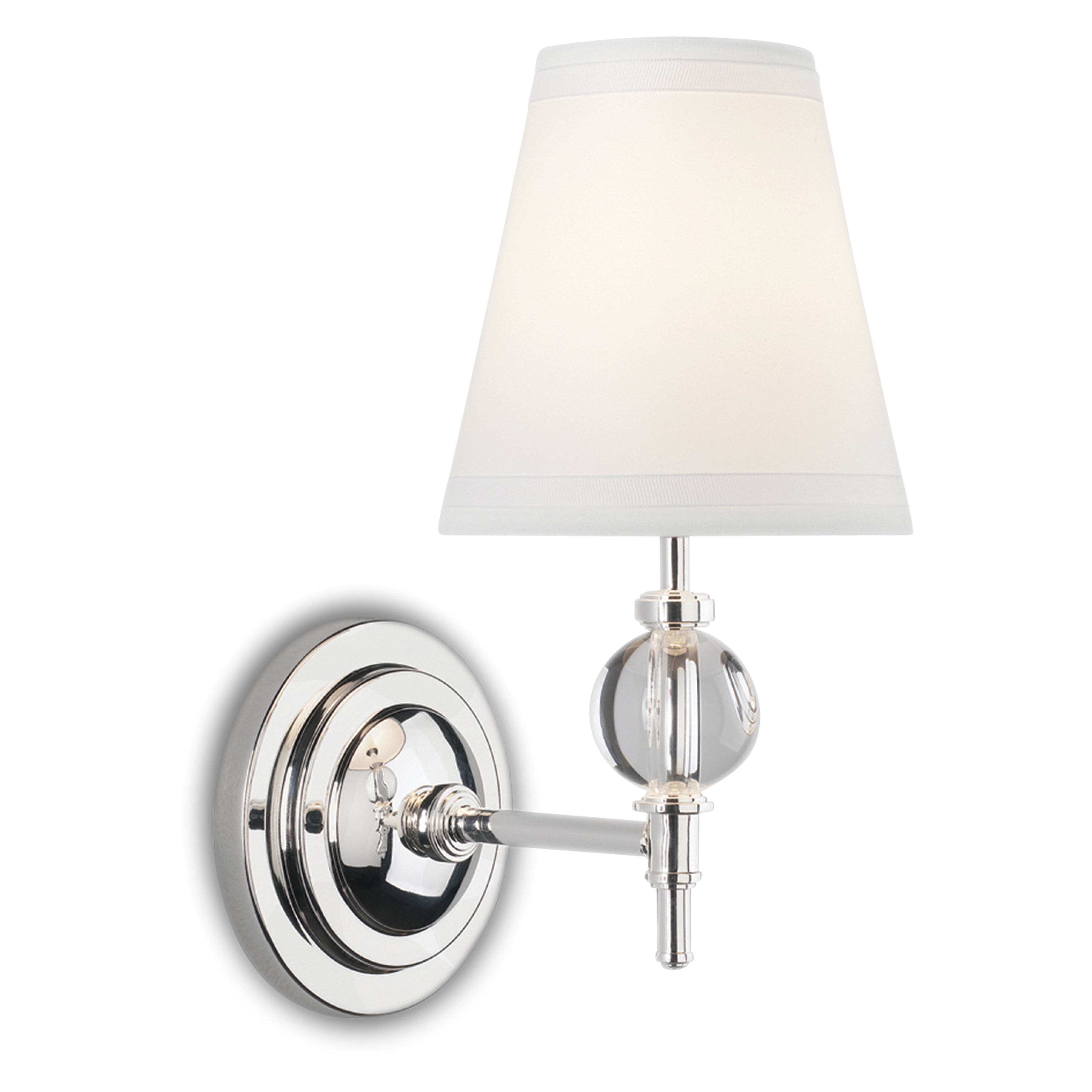 A contemporary silver sconce with parchment shade.