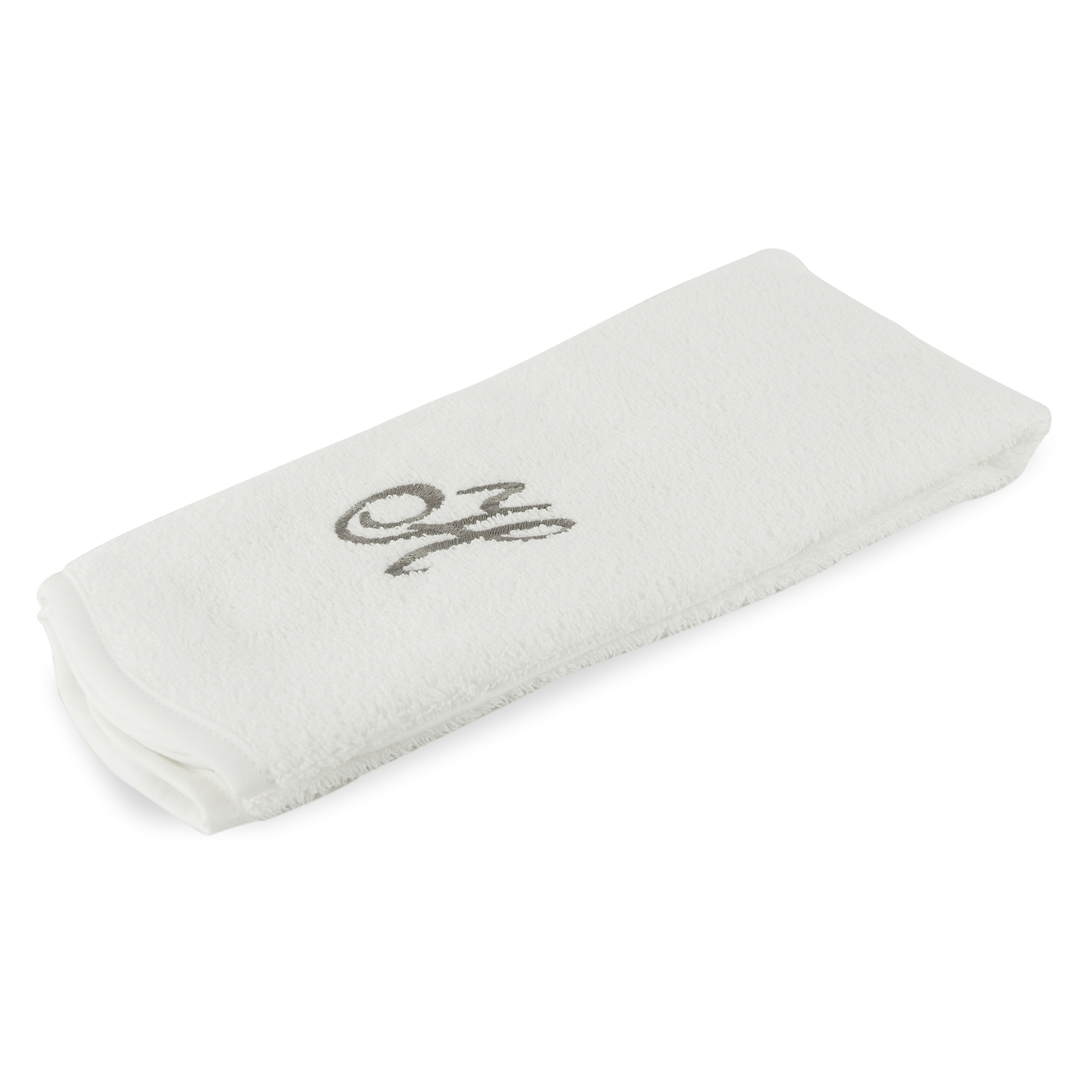 Monogrammed guest towel made of 100% white cotton with pewter/grey embroidered monogram.