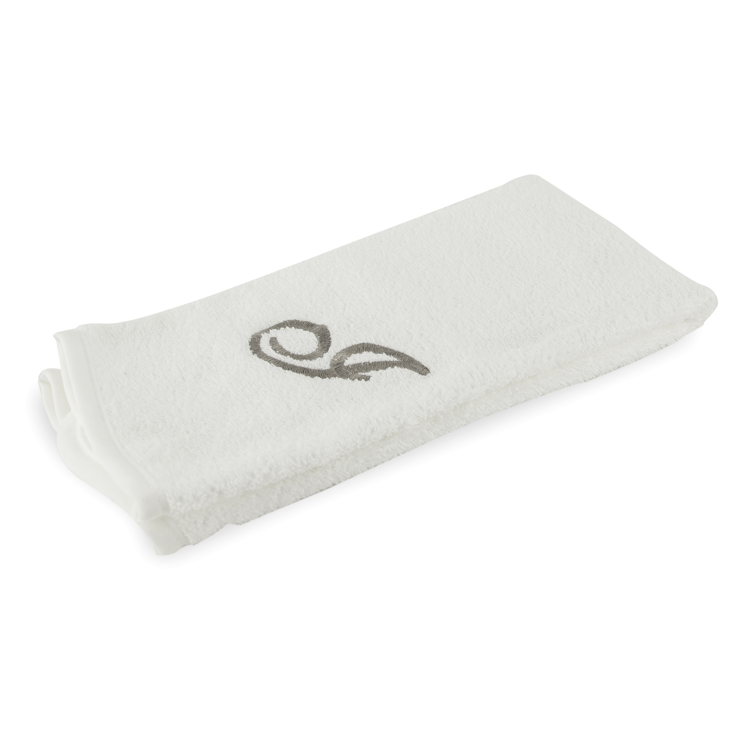 Monogrammed guest towel made of 100% white cotton with pewter/grey embroidered monogram.