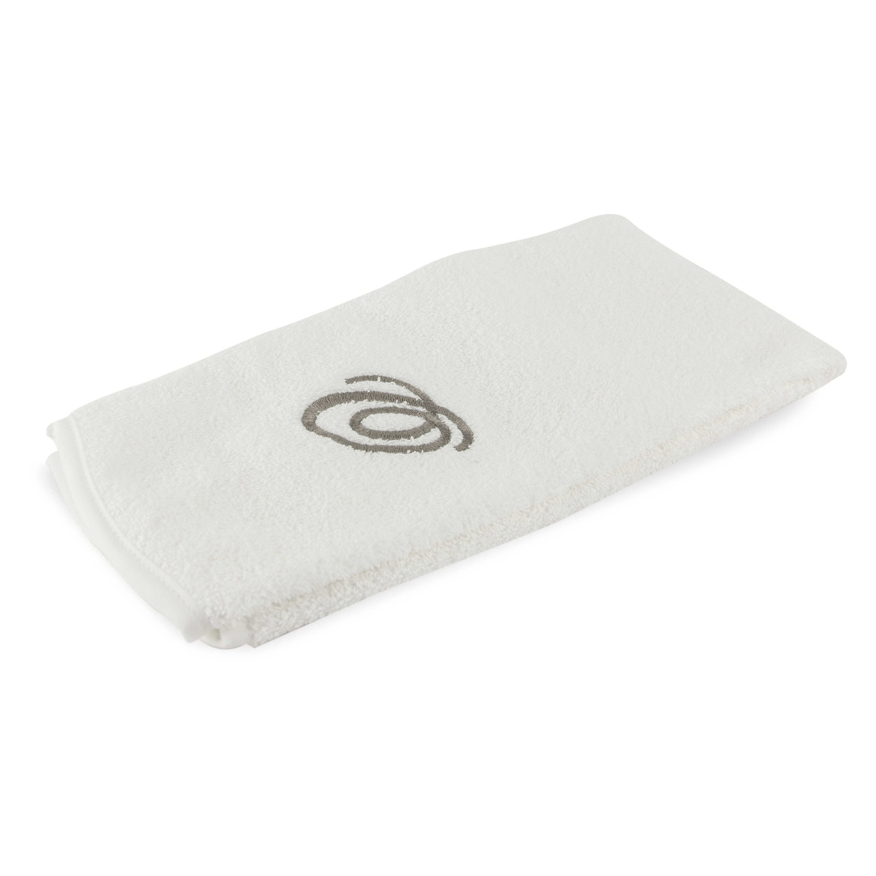 Monogrammed guest towel made of 100% white cotton with pewter/grey embroidered monogram.