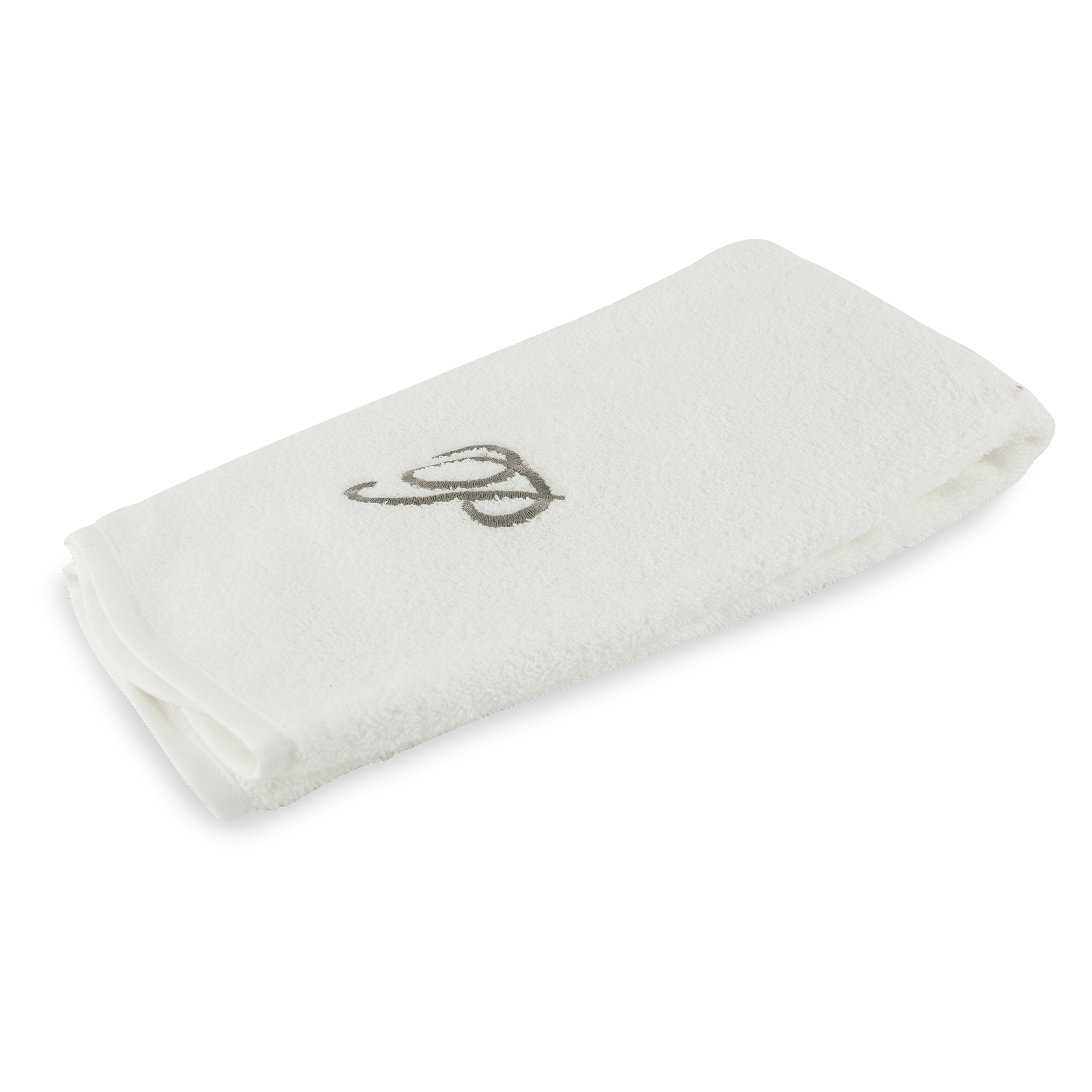 Monogrammed guest towel made of 100% white cotton with pewter/grey embroidered monogram.