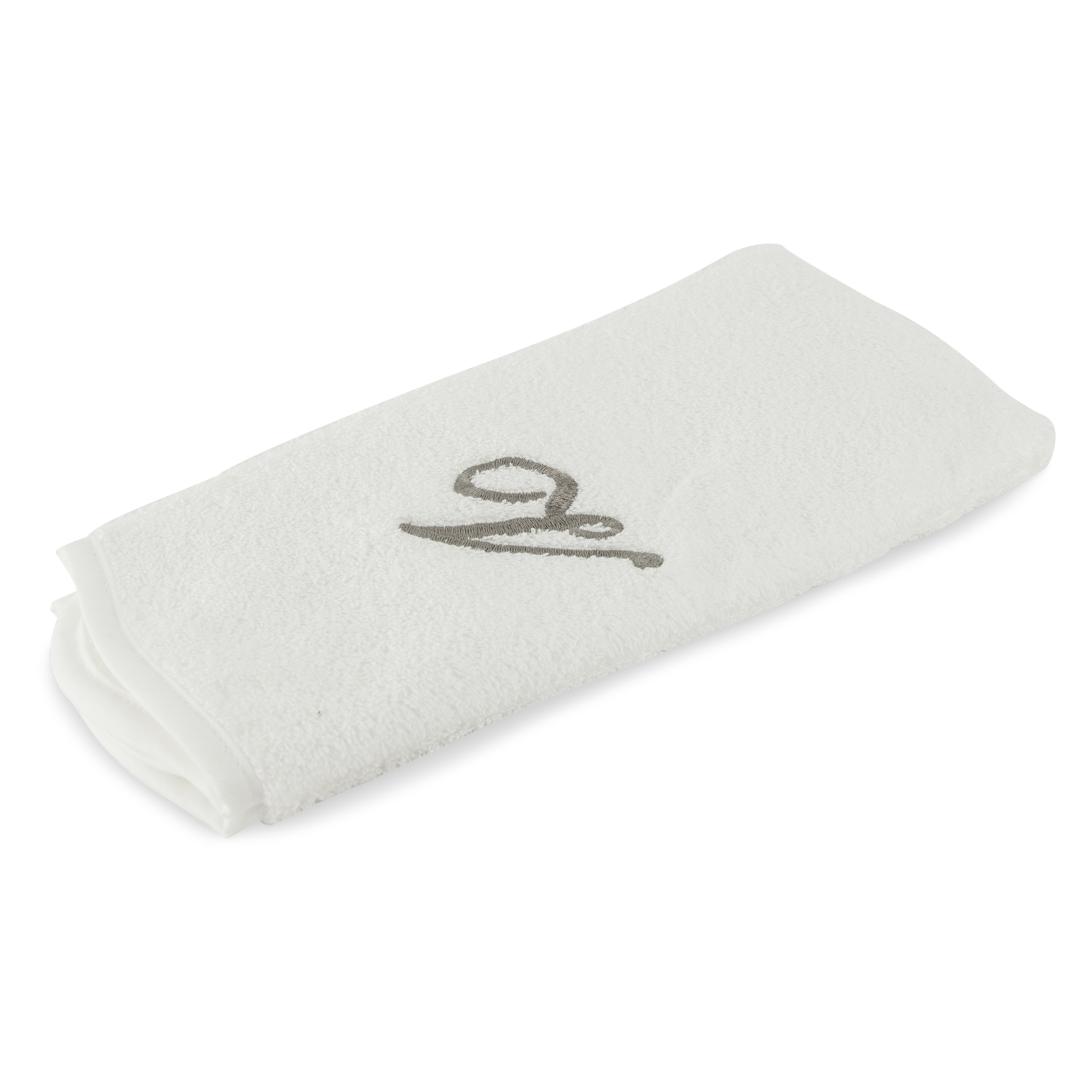 Monogrammed guest towel made of 100% white cotton with pewter/grey embroidered monogram.