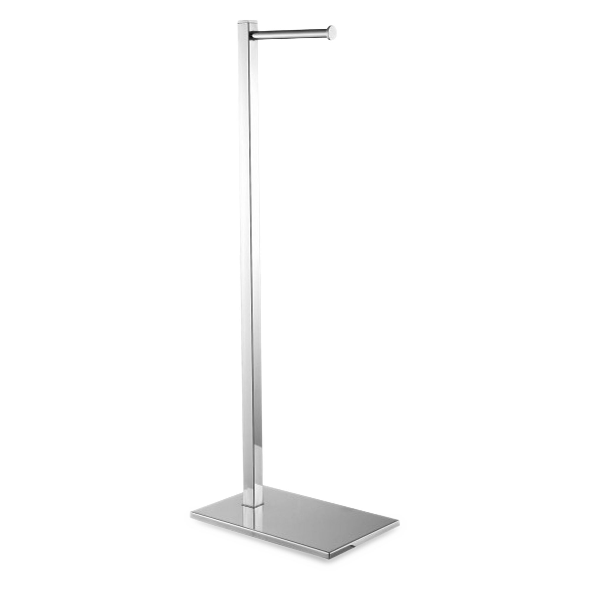 A freestanding toilet paper holder in a chrome finish.