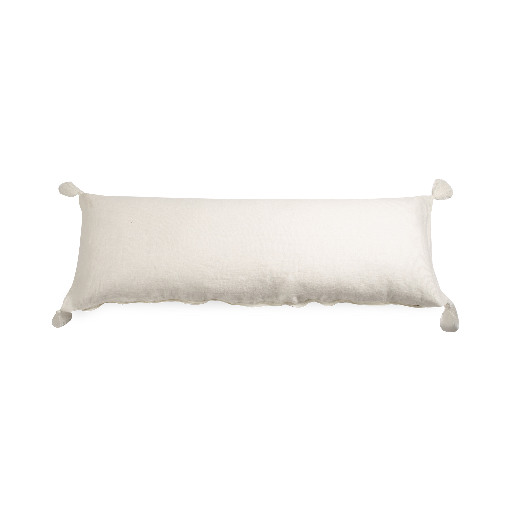 This pillow features a stone-washed linen cover in white and a tassel in each corner.