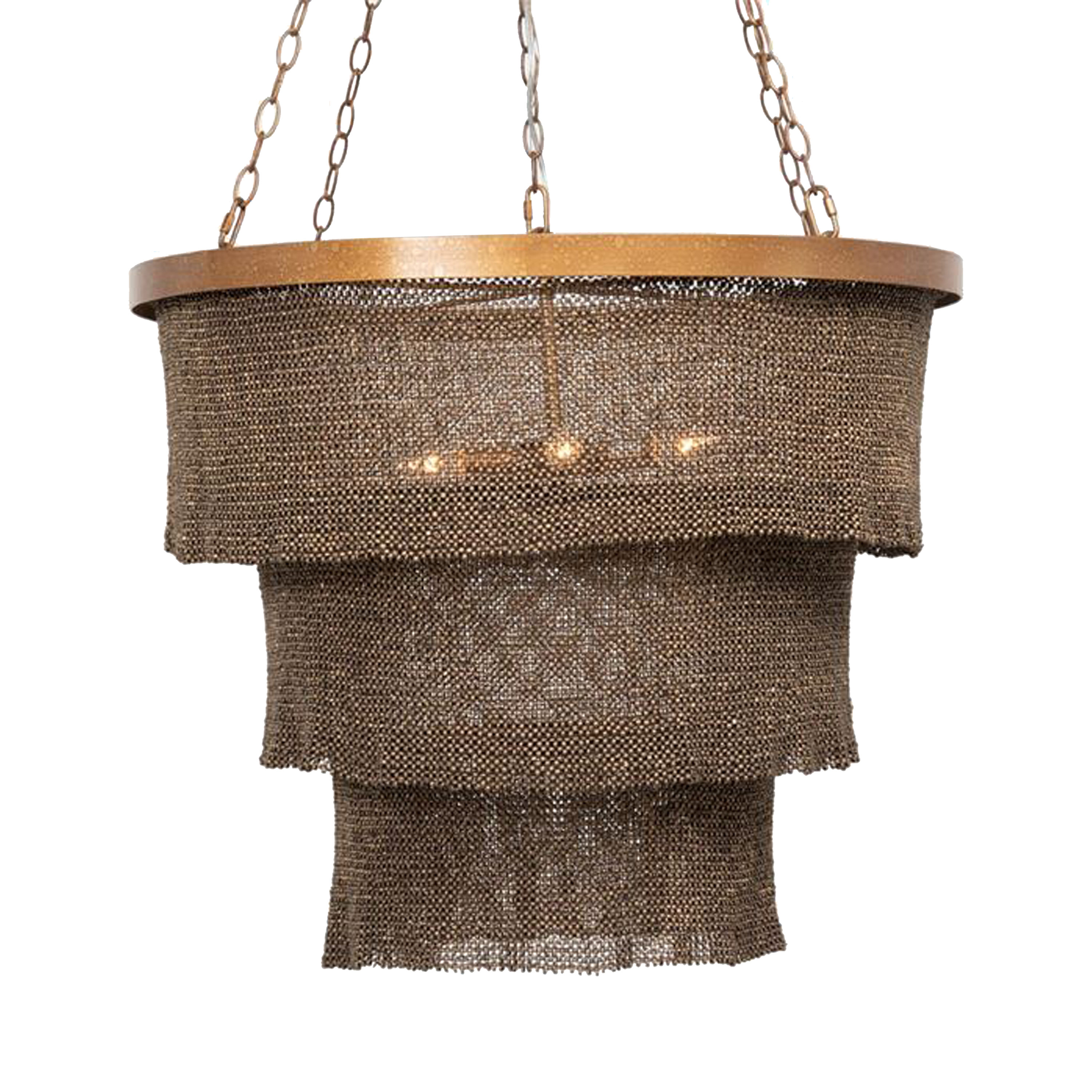 The Tiered Coco Bead Chandelier is made of woven coco beads forming three concentric rings that drop and overlap one another with a ruffle edge.