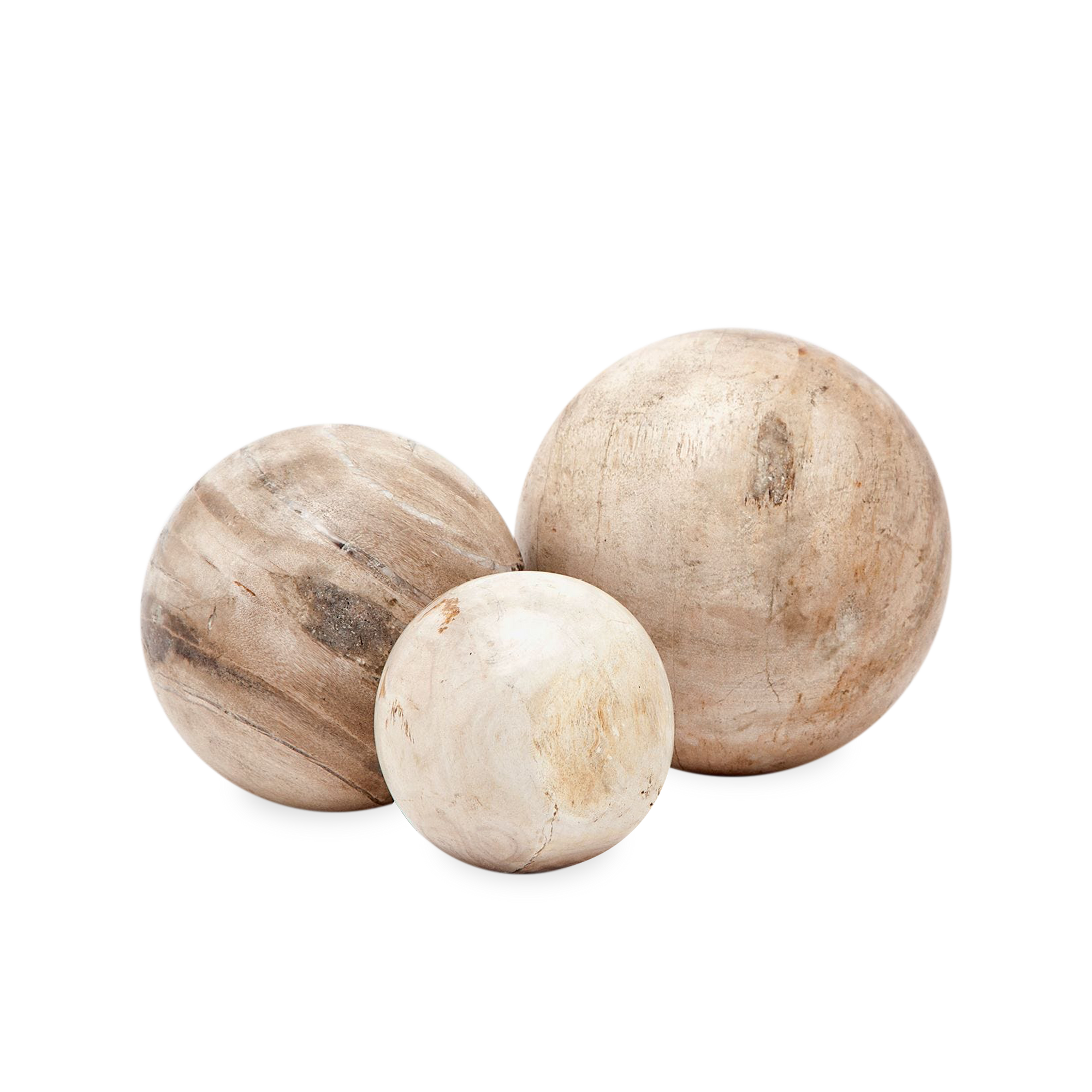 These one-of-a-kind spherical accents are the all-natural results of petrified wood.