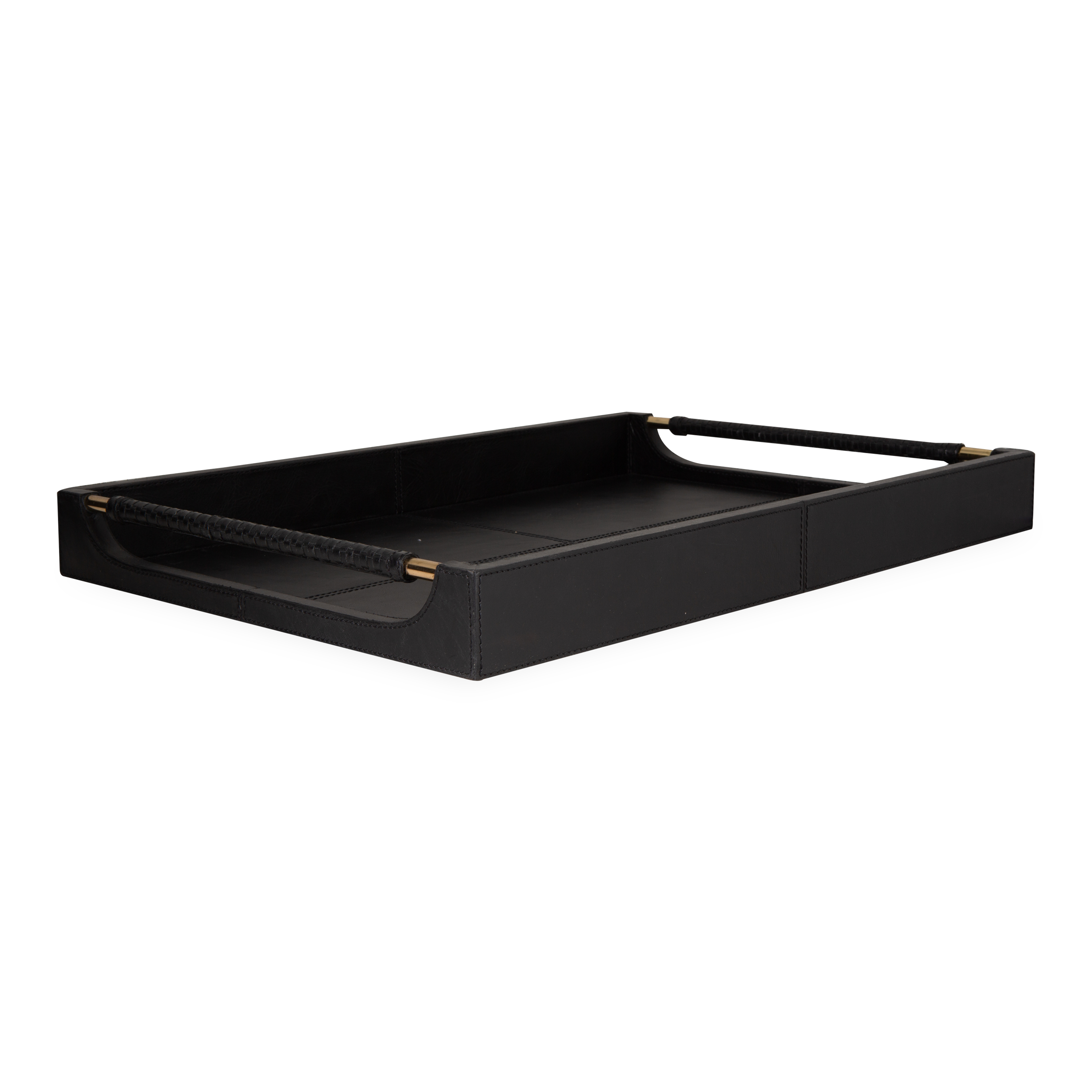 The Lenora Leather Trays features full-grain leather with brass hardware and woven handles.