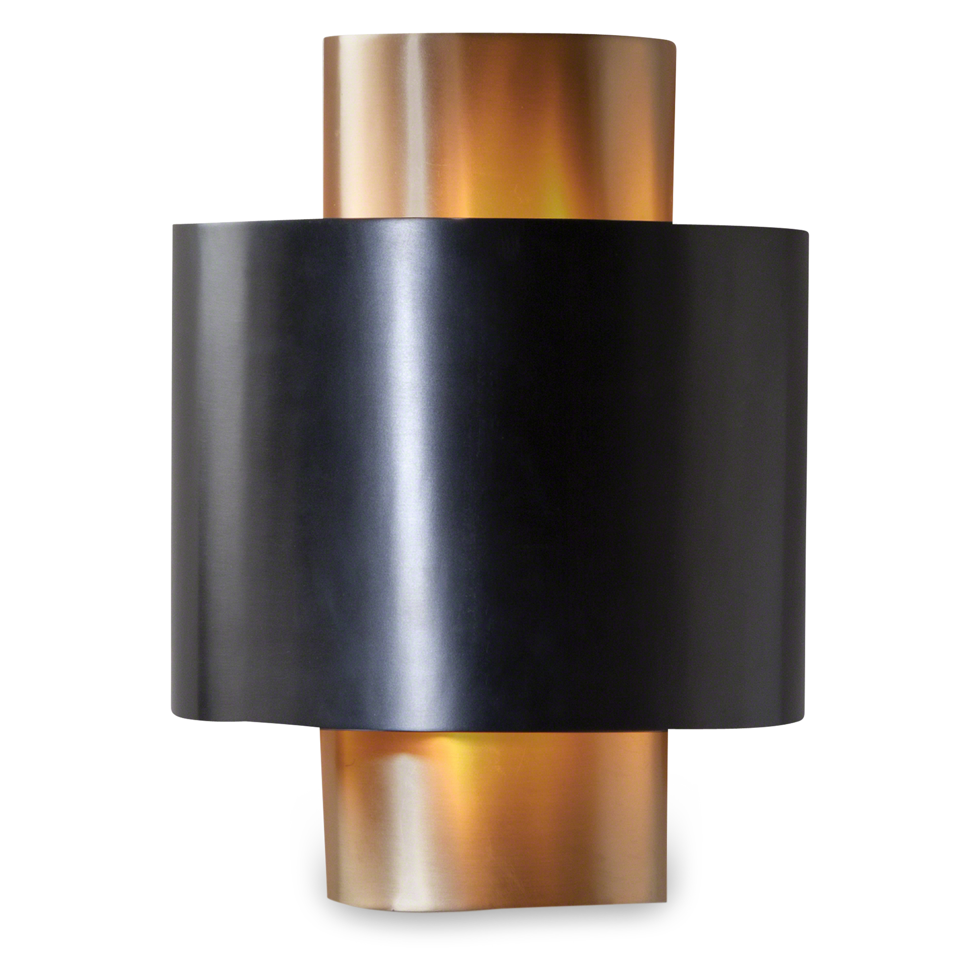 Sophisticated wall sconce featuring a gold column and overlapping black metal shade.