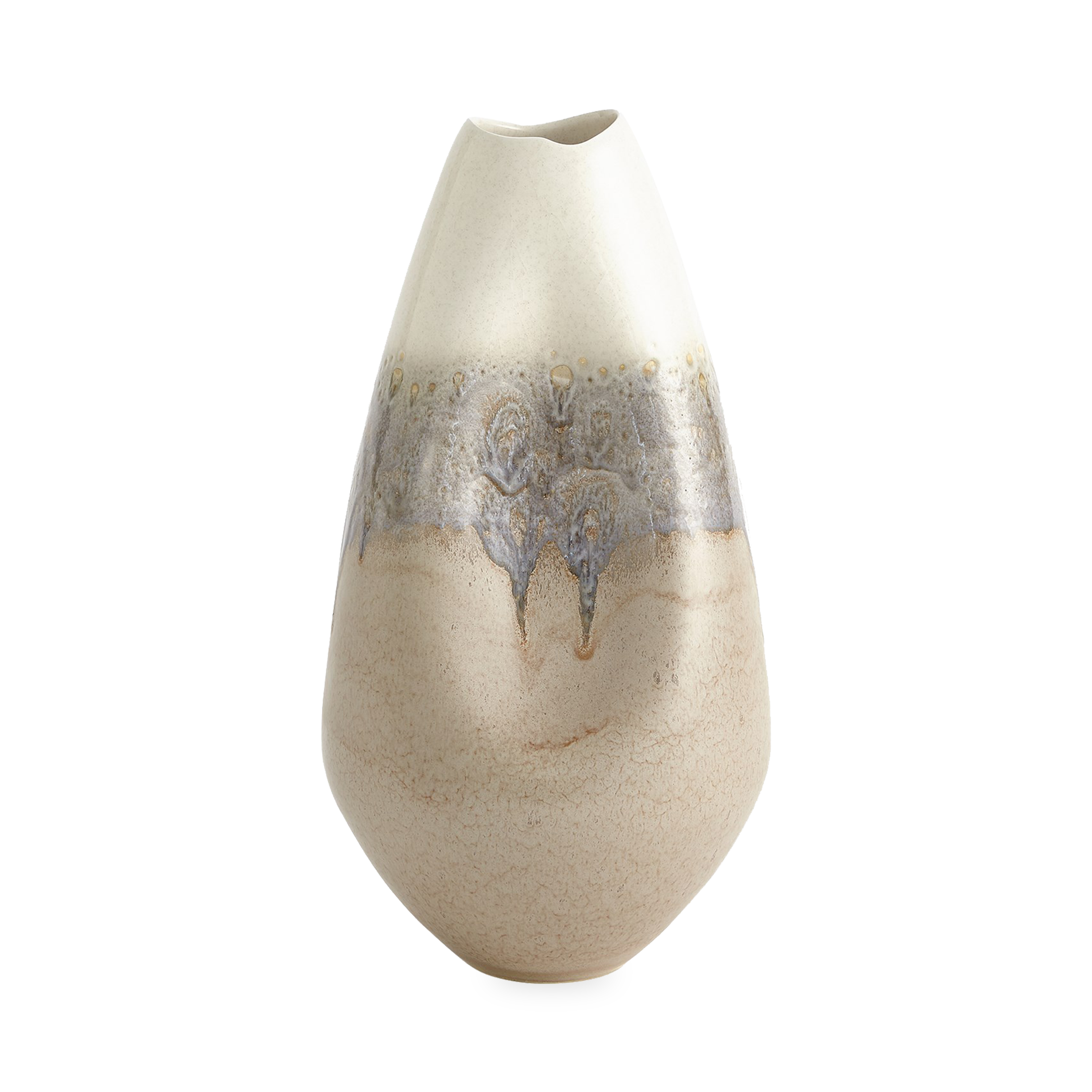 Made of Portuguese slip-cast ceramic, the Opaline Vase has a concave design with ivory and grey reactive glaze finishes.