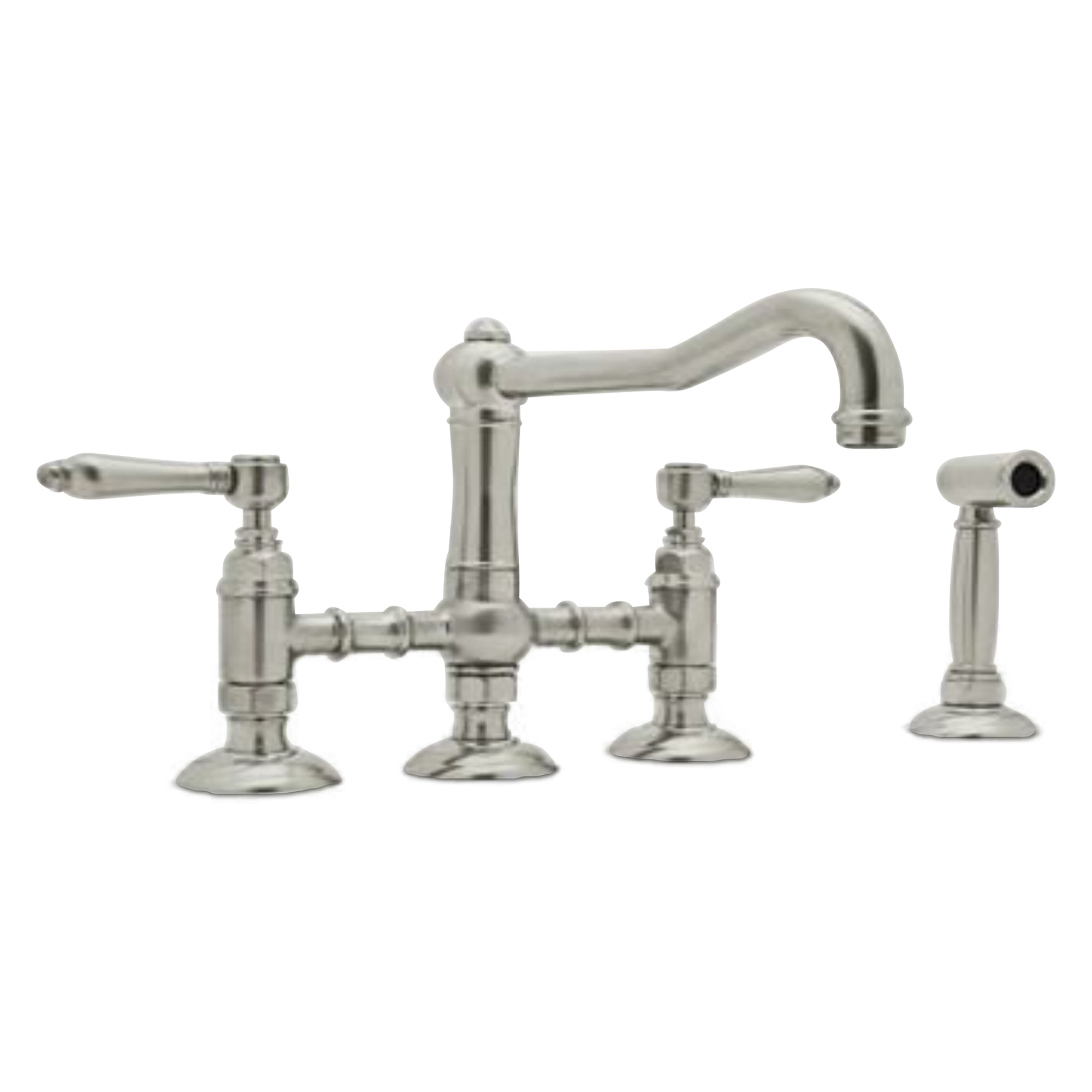 The Sifton Pillar Faucet With Spray has two metal lever handles and insulated handspray with nylon hose.