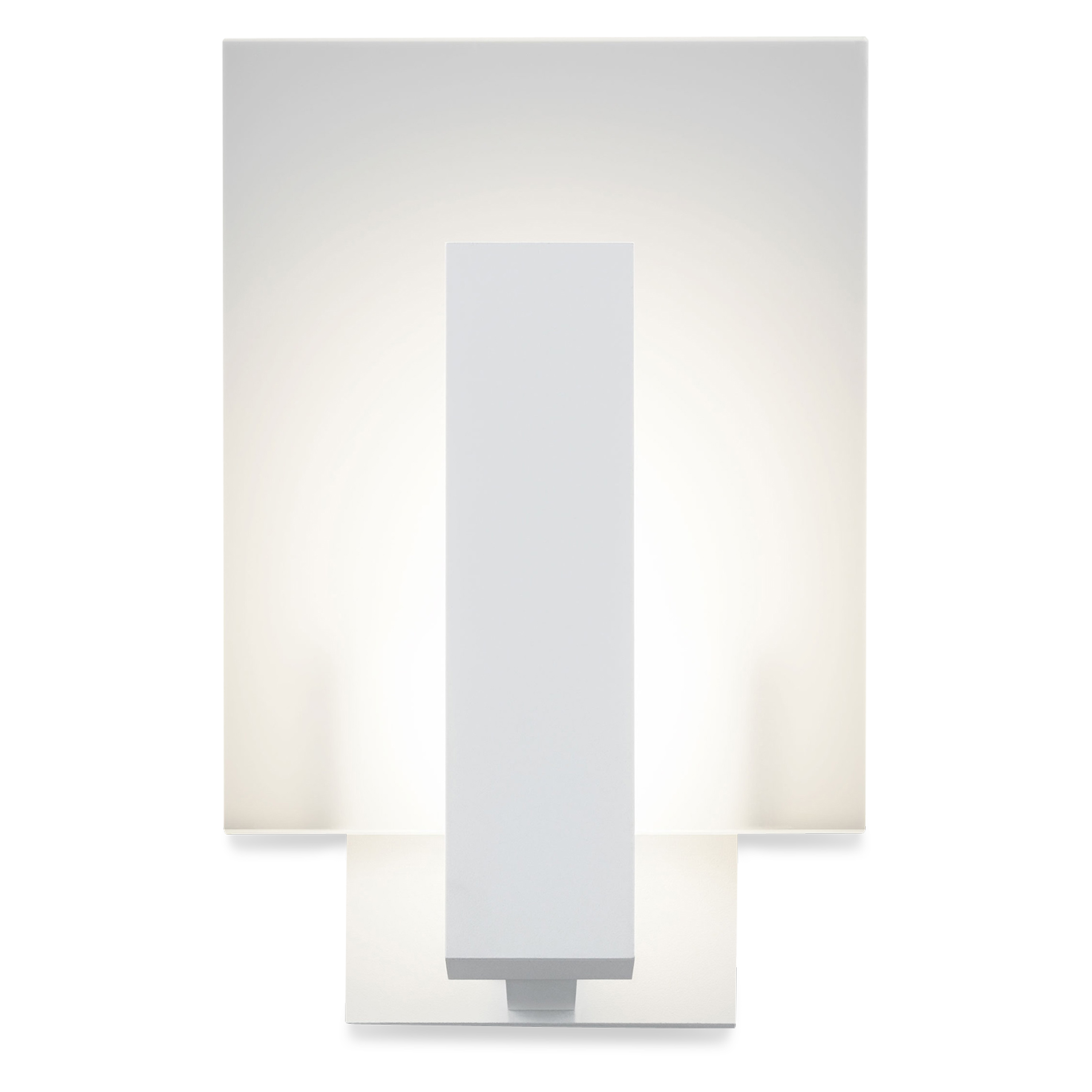 The classic modern elegance of this geometric sconce is created by a frosted glass rectangle set against a crisp textured white rectangular beam, radiating the glow of its LED illu
