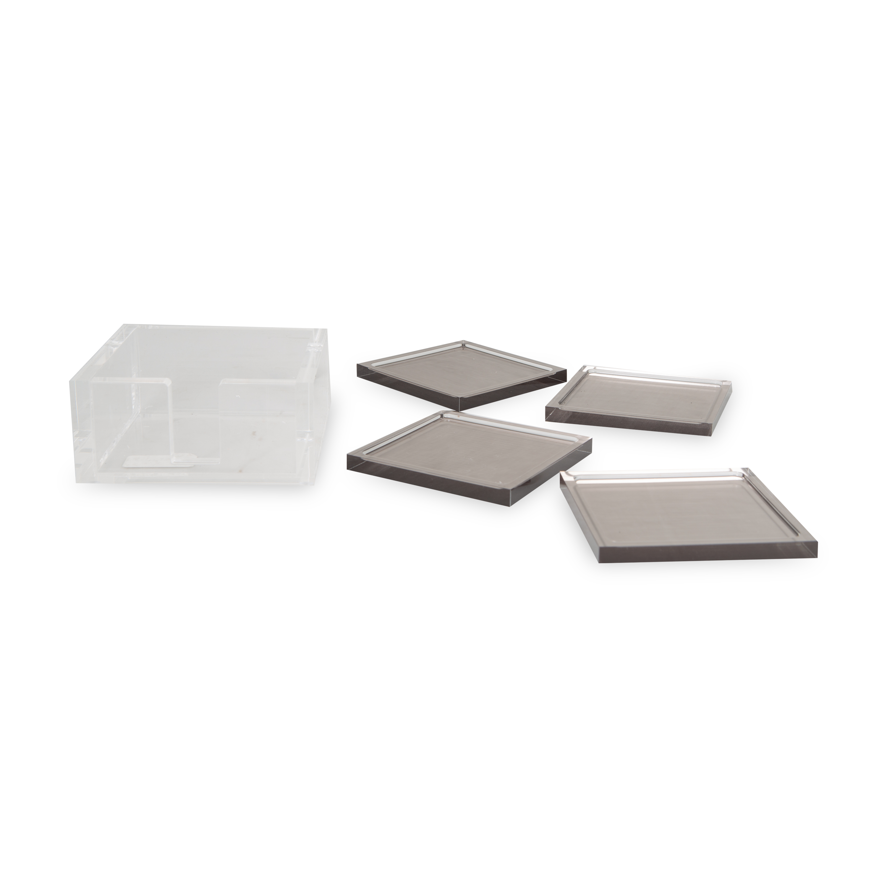 These acrylic coasters in a silver finish offer a sleek way to protect your tabletops and keep your drinks in place.