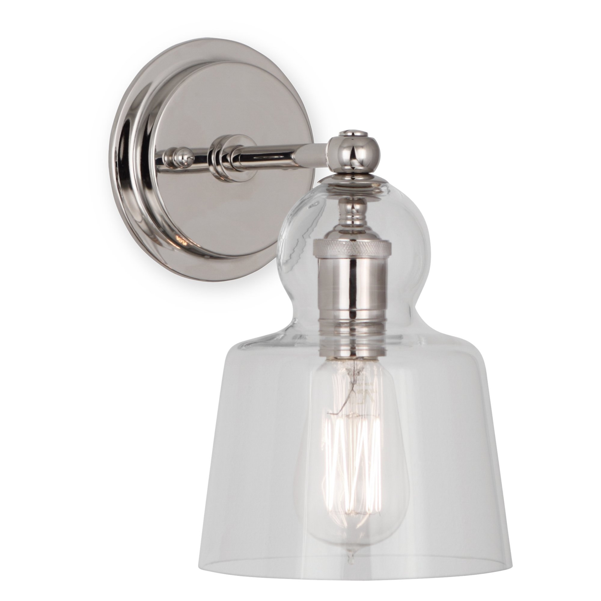 A rustic polished nickel sconce with an elegant clear shade.