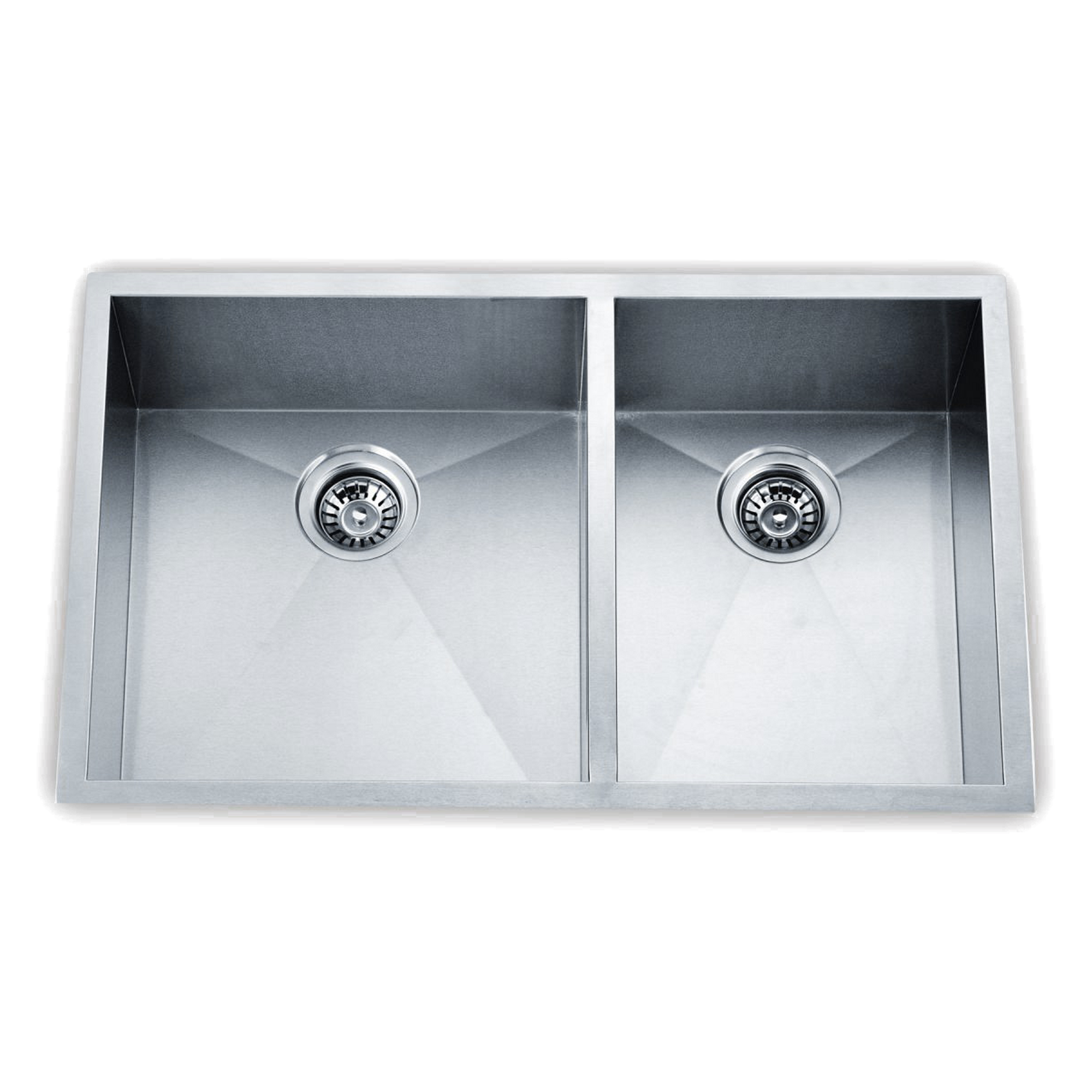 A seamless, contemporary, stainless steel double kitchen sink for under mount application.