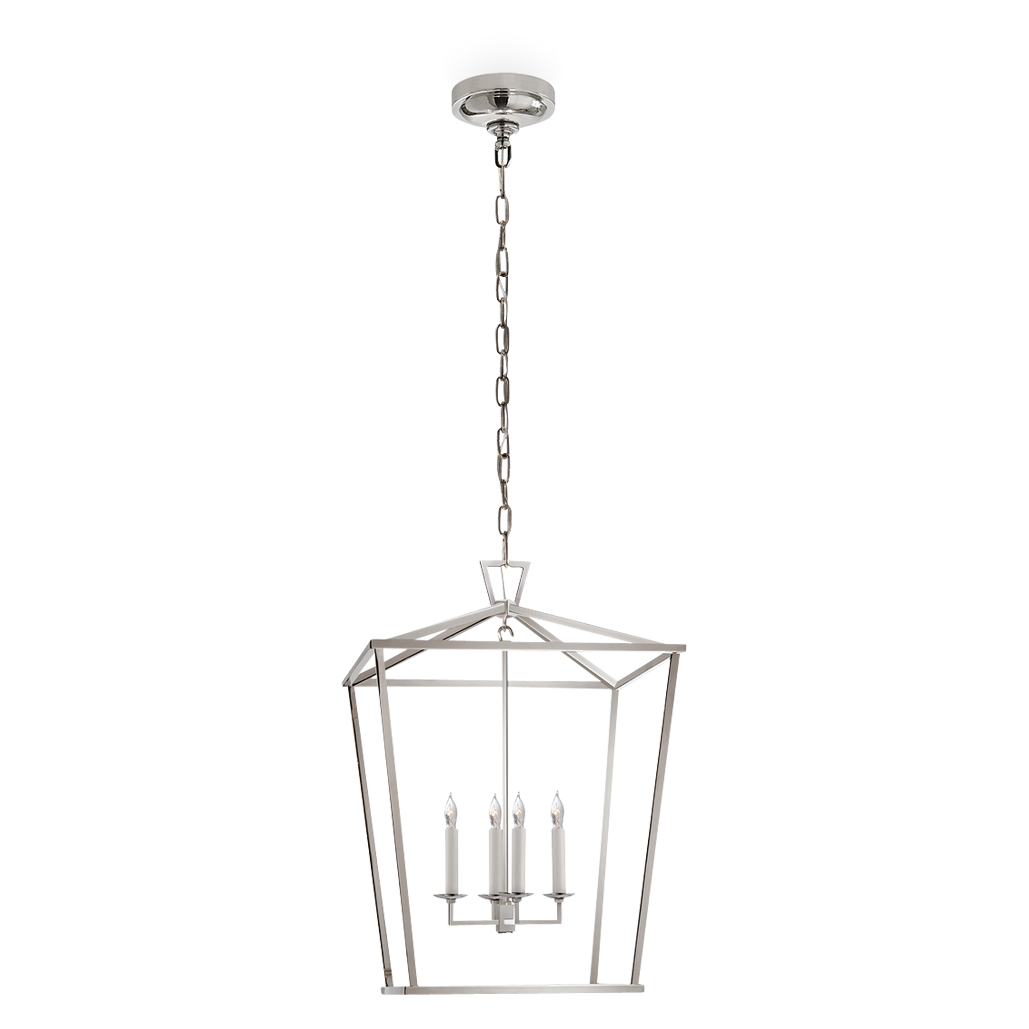 A modern lantern pendant featuring an open metalwork frame in a polished nickel finish.