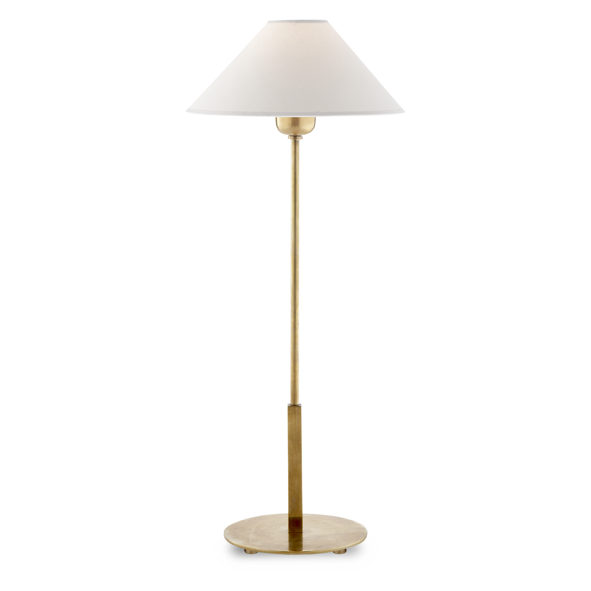 Simple and elegant table lamp with hand-rubbed antique brass base and natural paper shade.