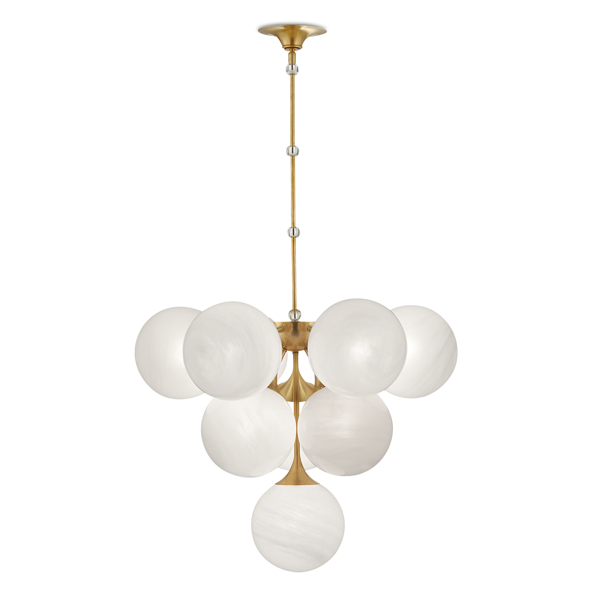 A whimsical yet elegant tiered pendant light with a hand-rubbed antique brass frame and spherical globes made of white strie glass.