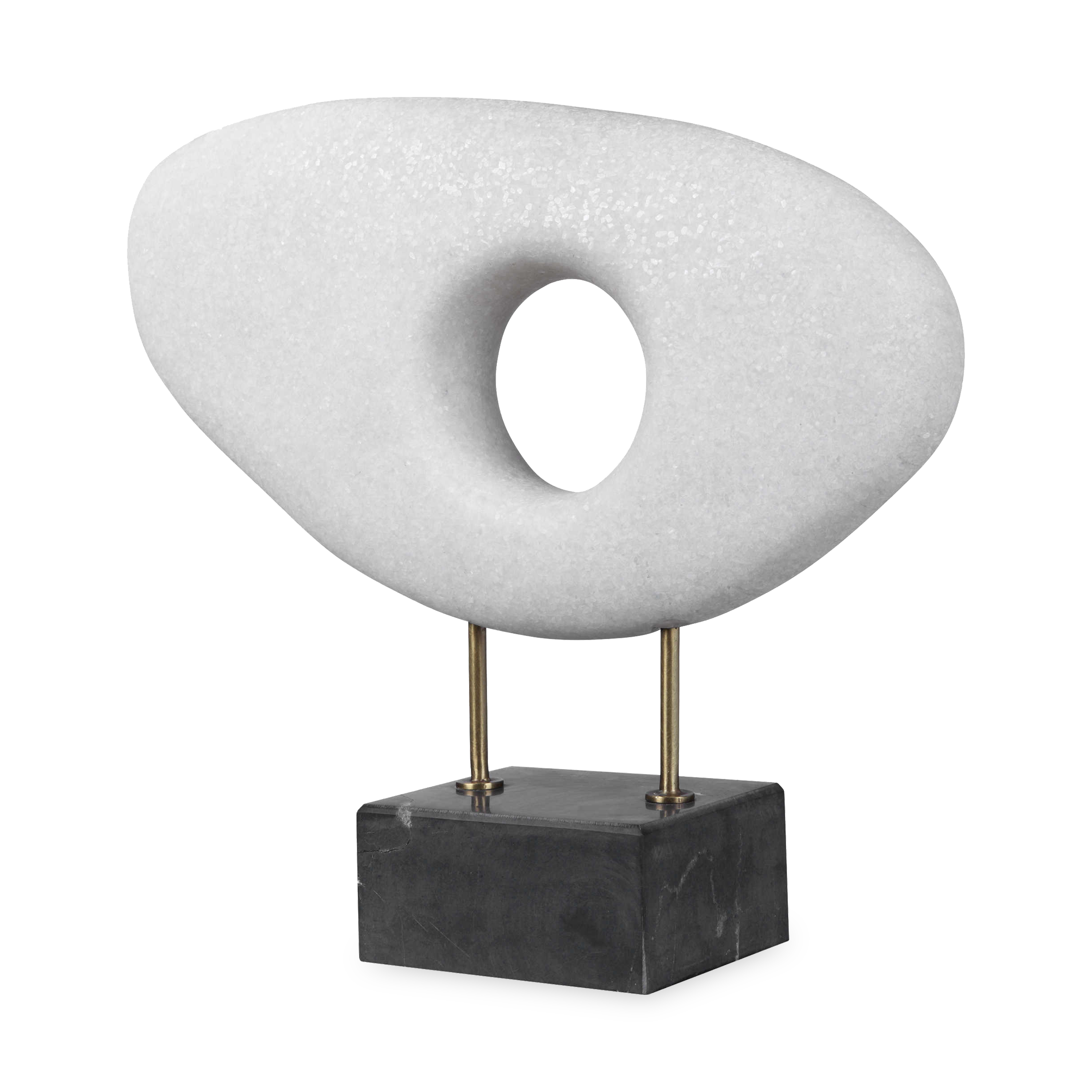 The monolithium shape executed in granulated marble that accurately replicates the look of Thassos marble with a honed black marble base and brass pegs is bound to become a highly 