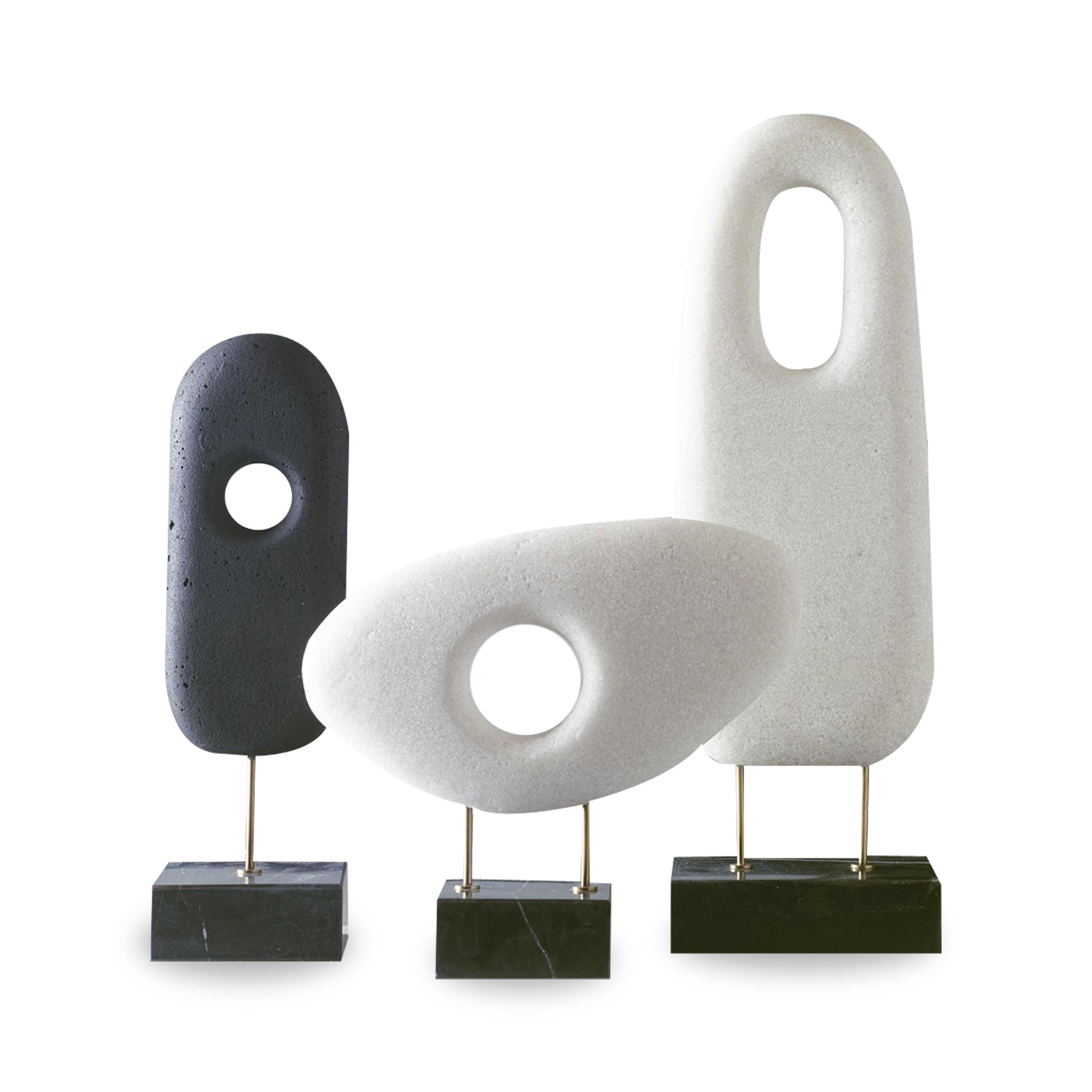 The monolithium shape is executed in ground black marble and polymers with a honed black marble base and brass pegs.