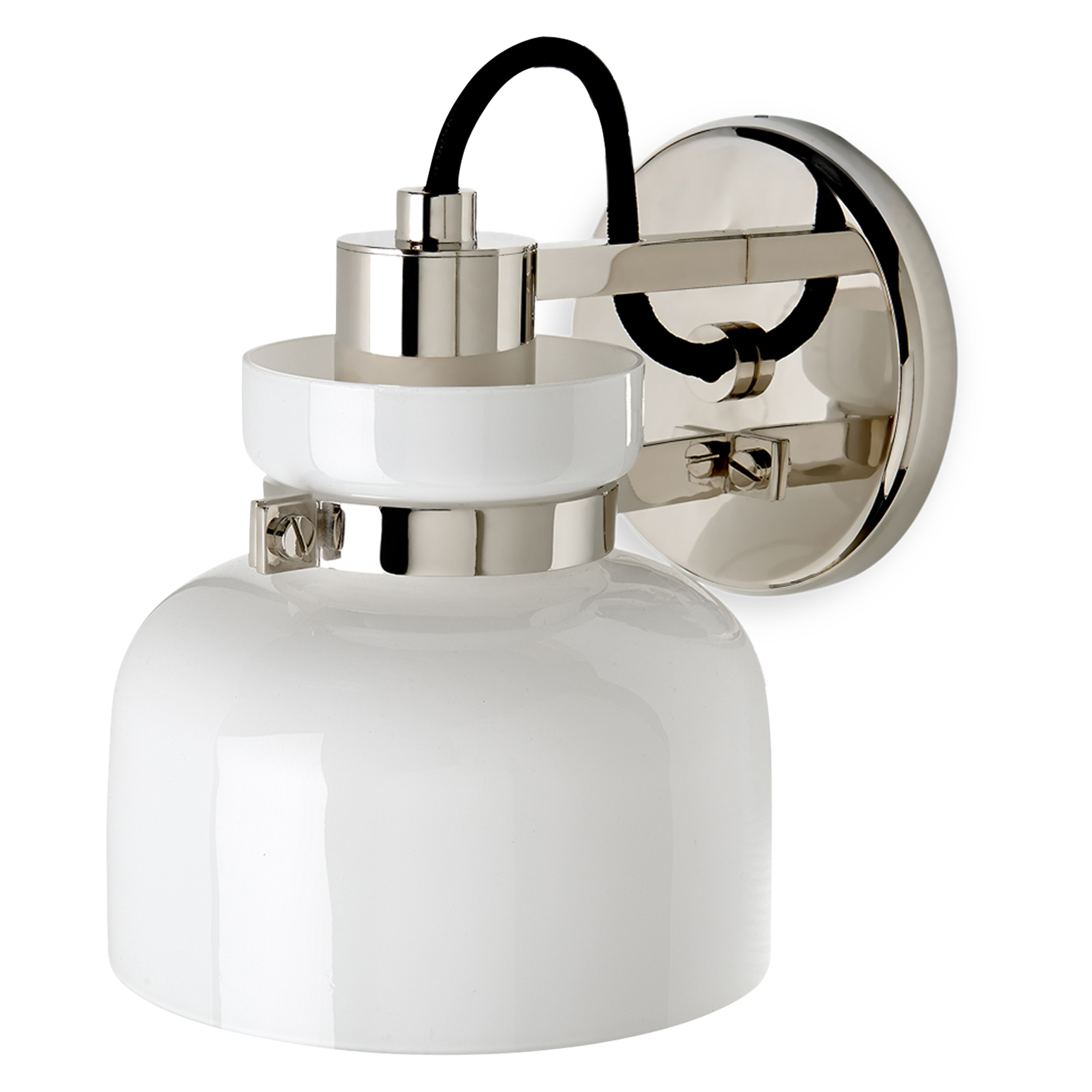 The Helio Wall Light, with its spare opal glass shade and brass ring arms, takes its cue from minimal and modern designs of the mid-twentieth century.
