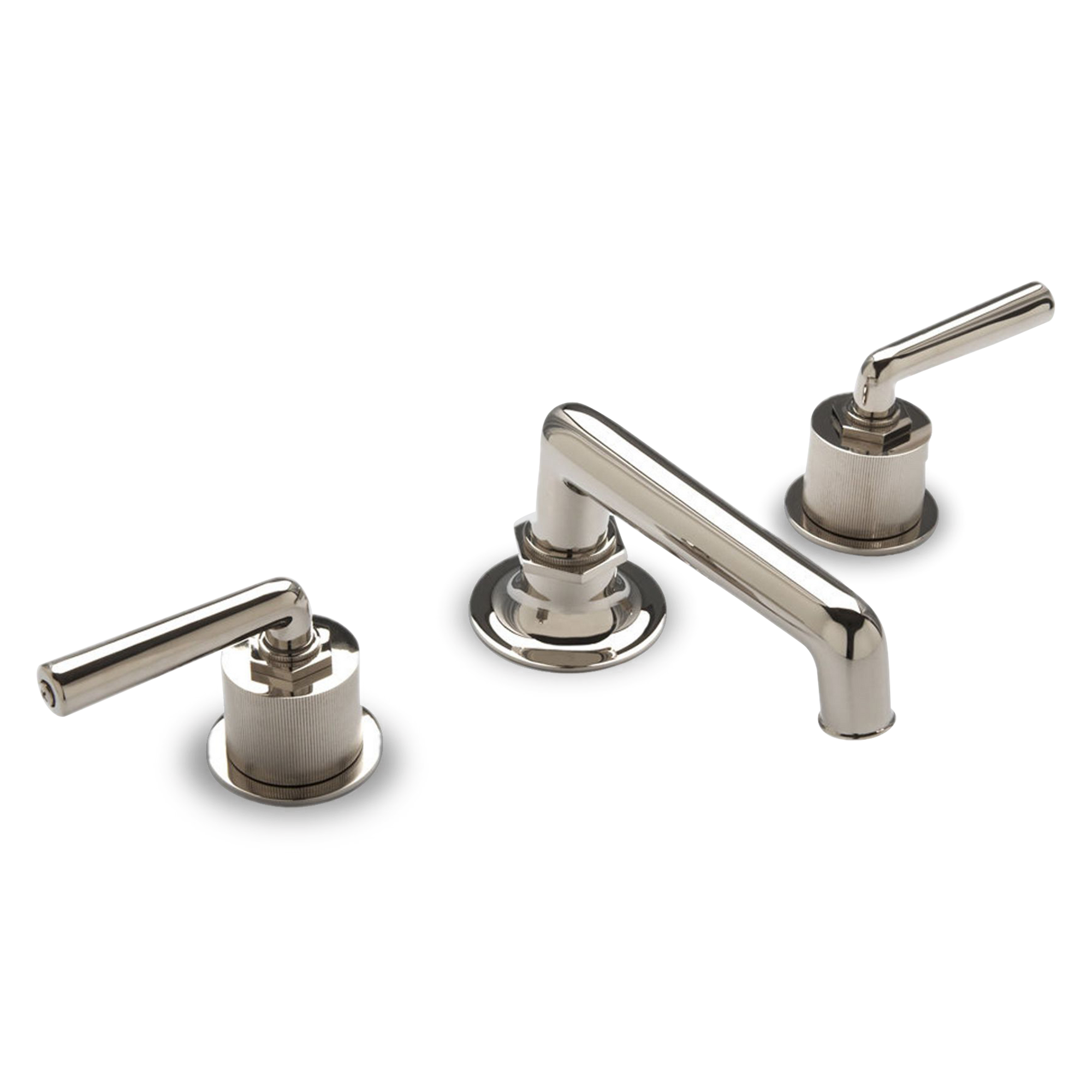 A transitional faucet with lever handles and coin edge detailing on the cylinders.