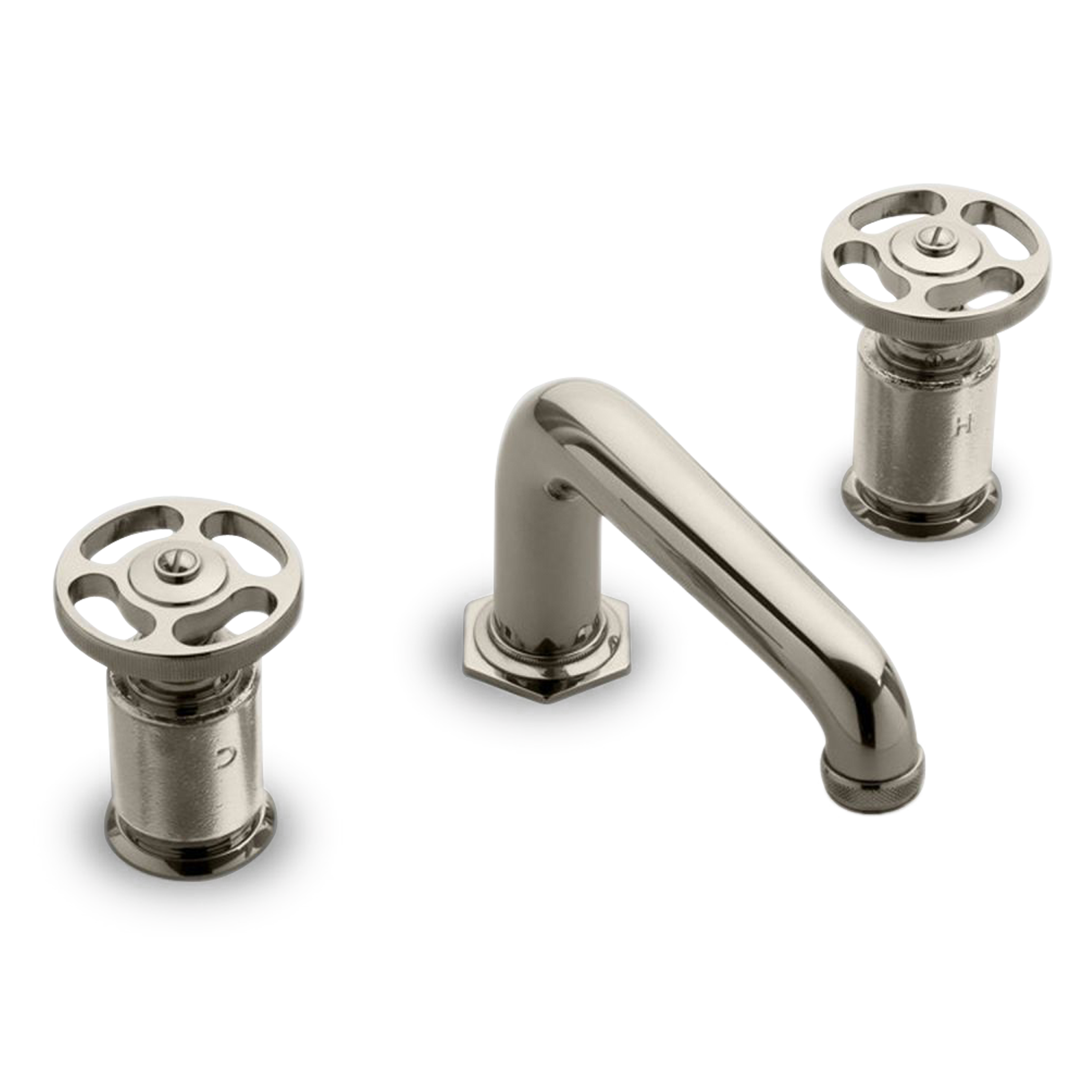 An industrial-inspired widespread faucet with wheel handles.