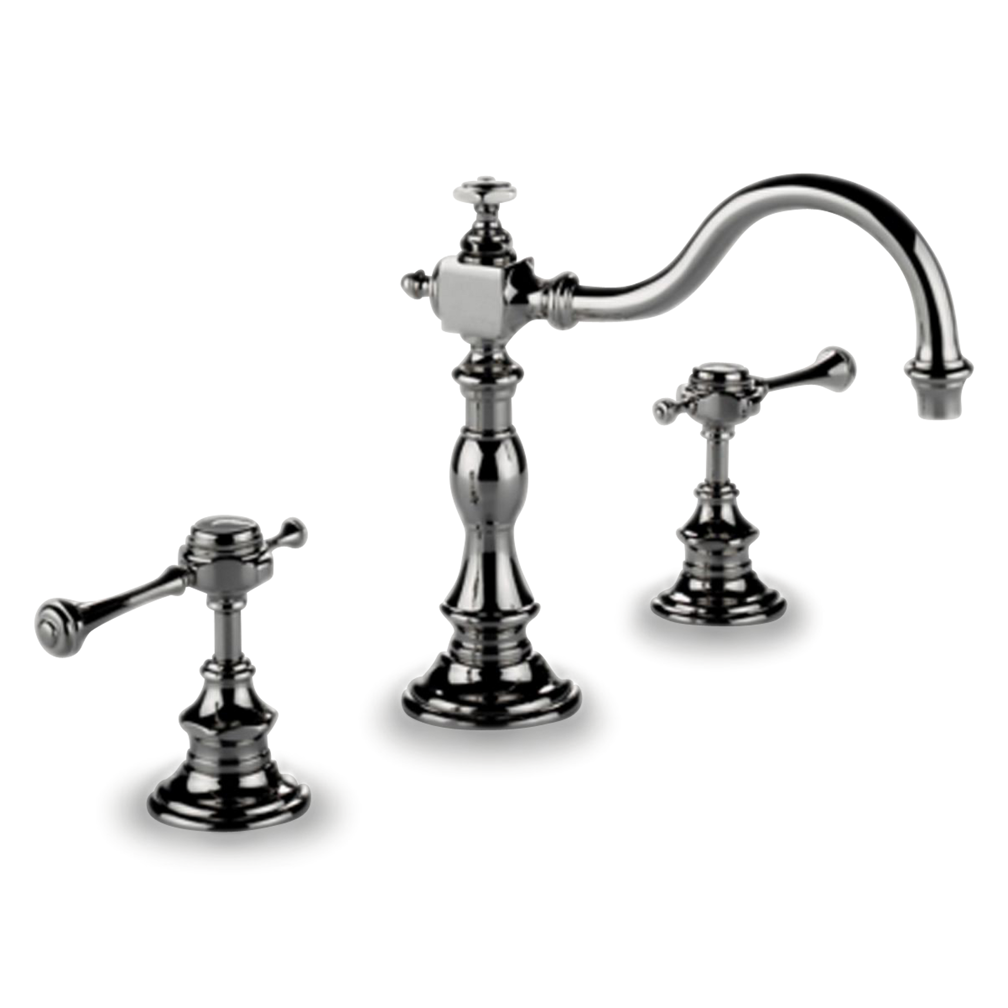 A traditional widespread faucet with lever handles.