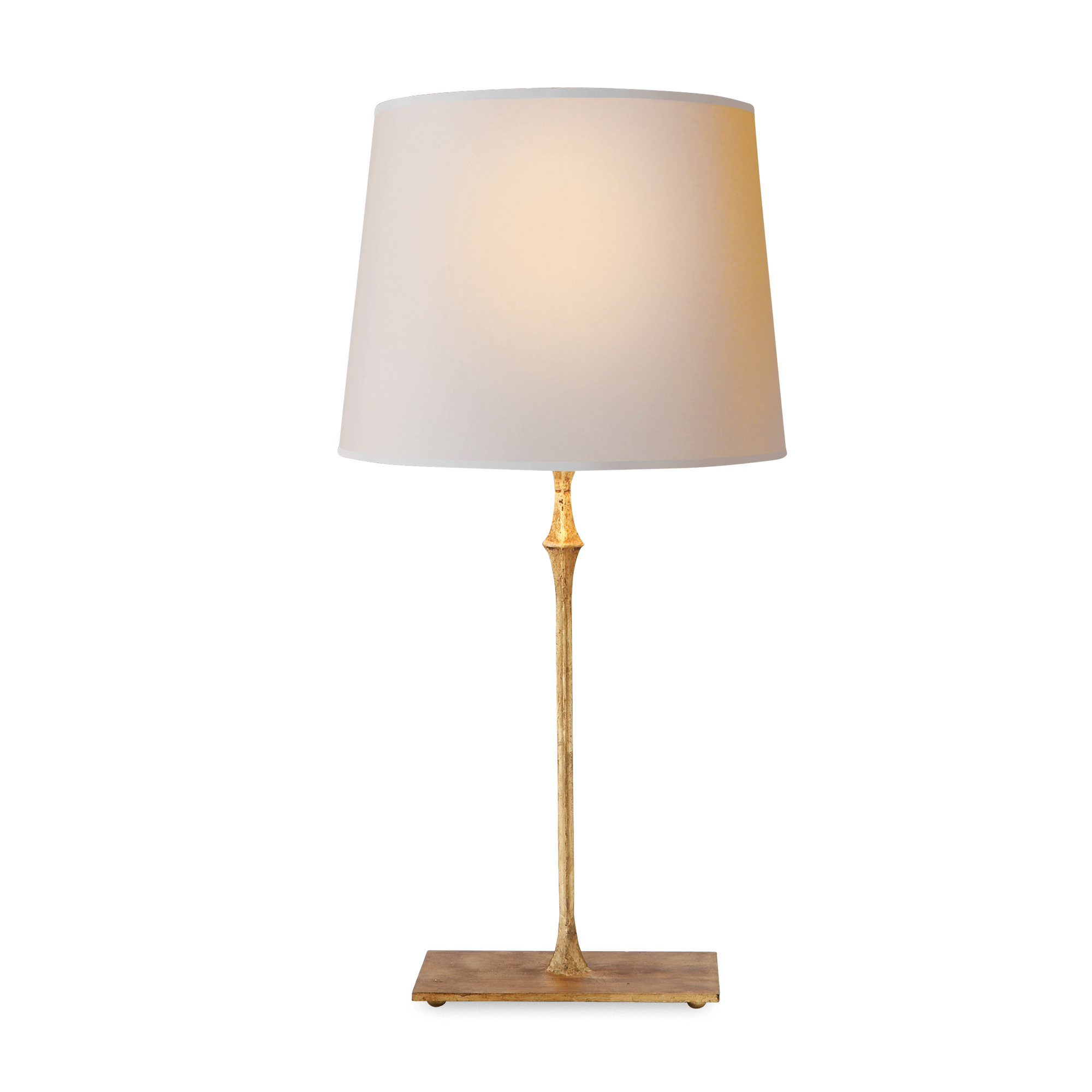 Gilded iron table lamp with a natural paper shade.