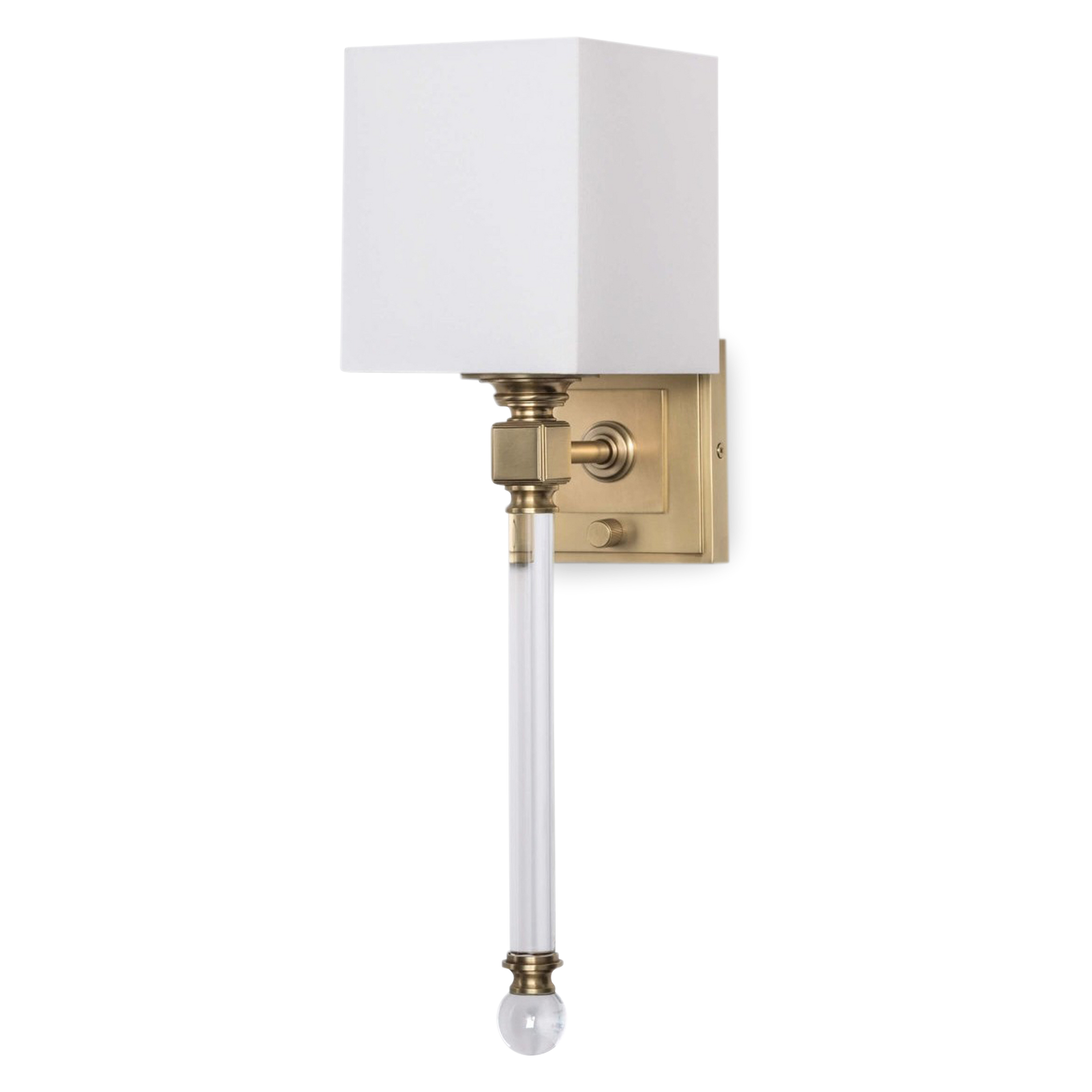 A modern wall light featuring an elongated column in clear acrylic complemented by natural brass detailing and a square shade.