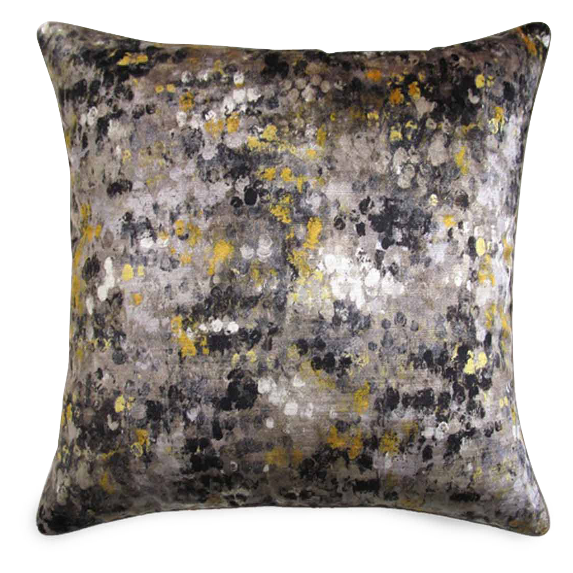 This Drop Cloth Pillow features an abstract brushstroke pattern in shades of grey velvet.