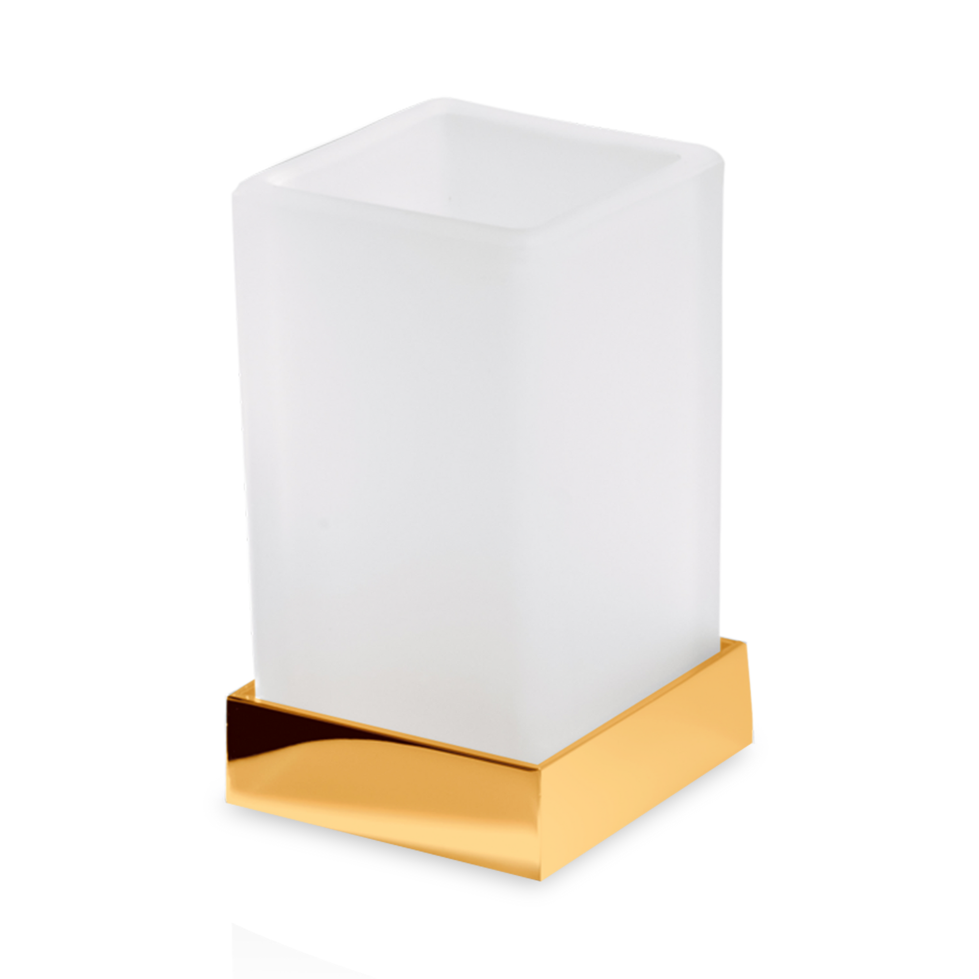 Square tumbler with a classic modern styling, crafted in satin glass with a gold accent.