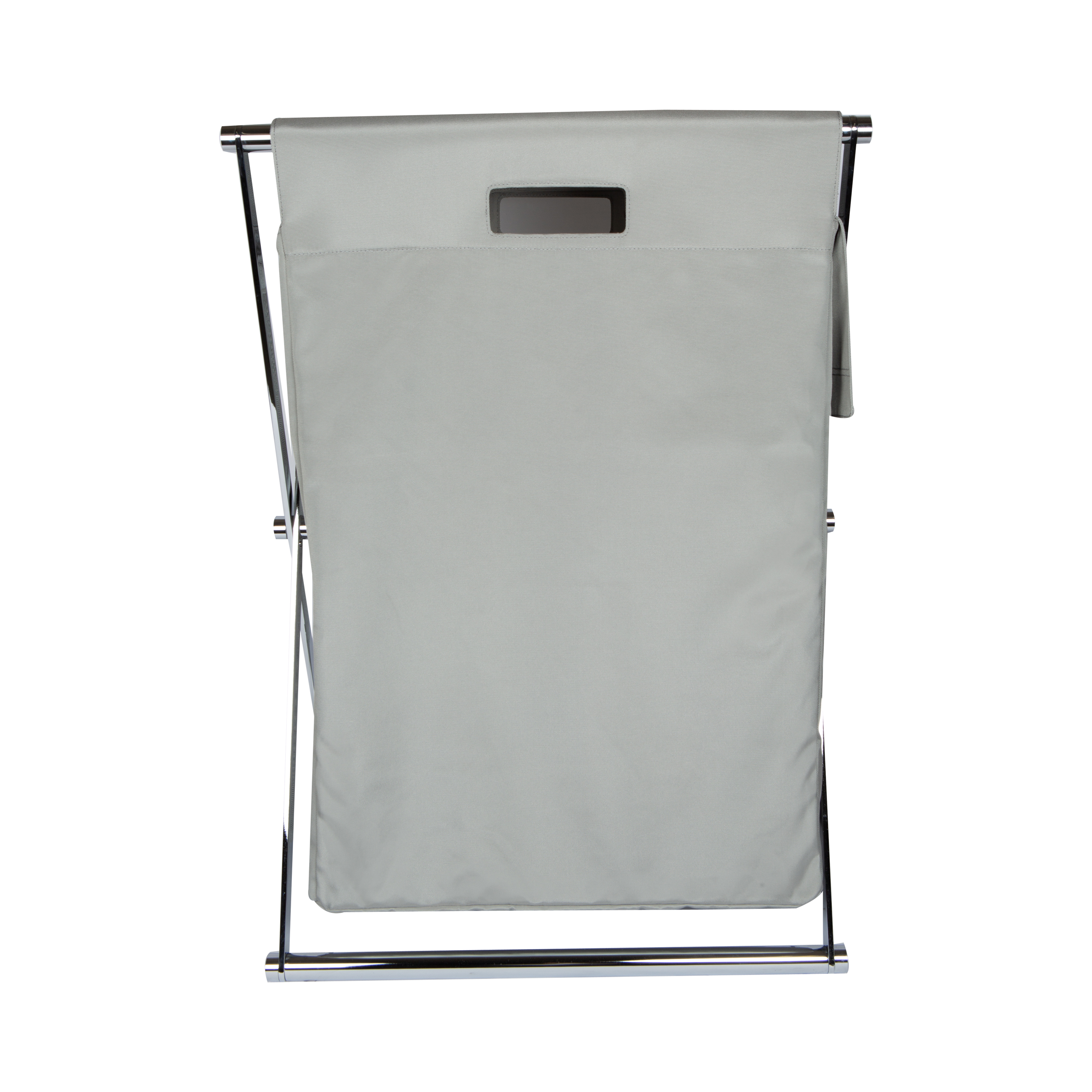 The Cross Laundry Basket features a chrome frame with nylon laundry bag.