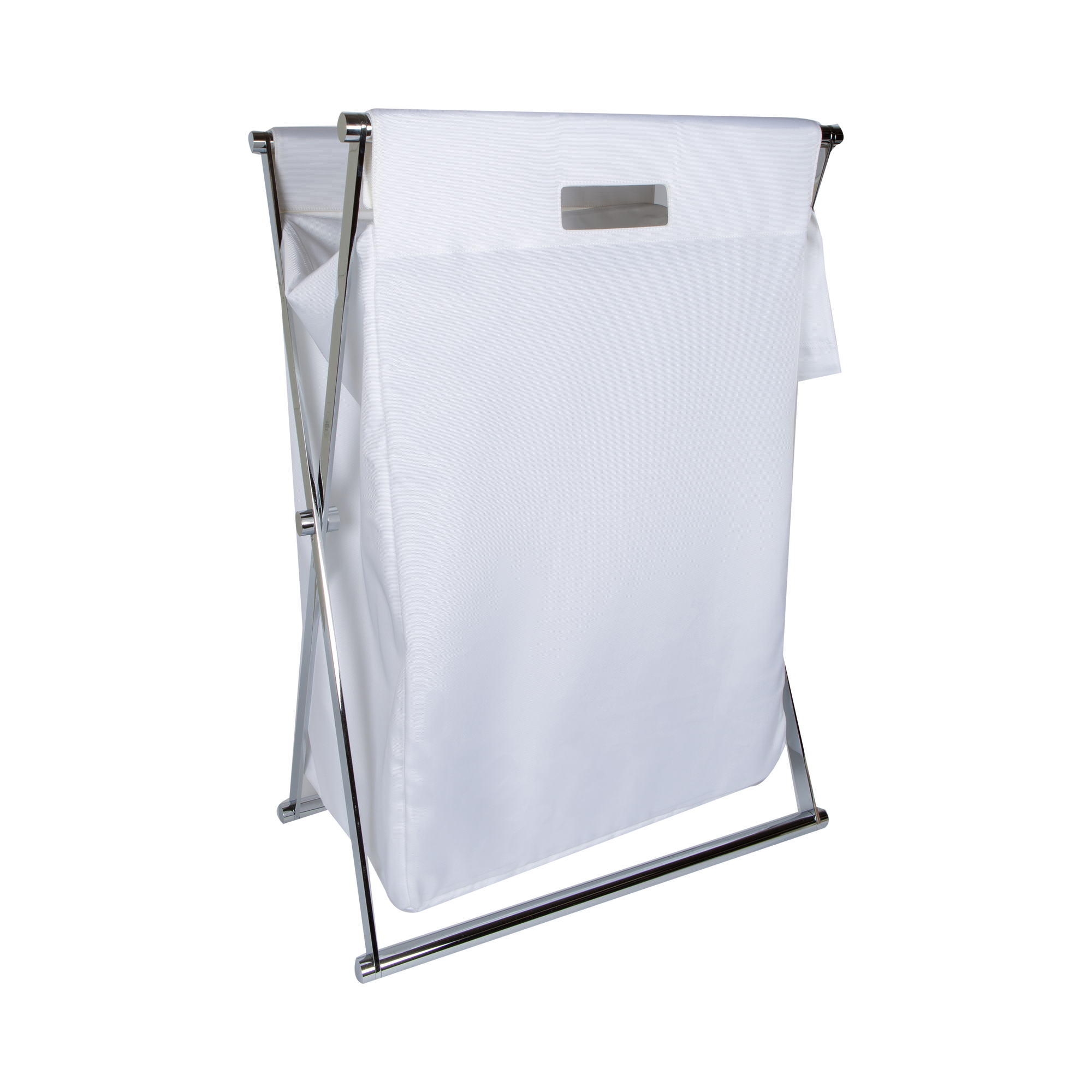 The Cross Laundry Basket features a chrome frame with nylon laundry bag.