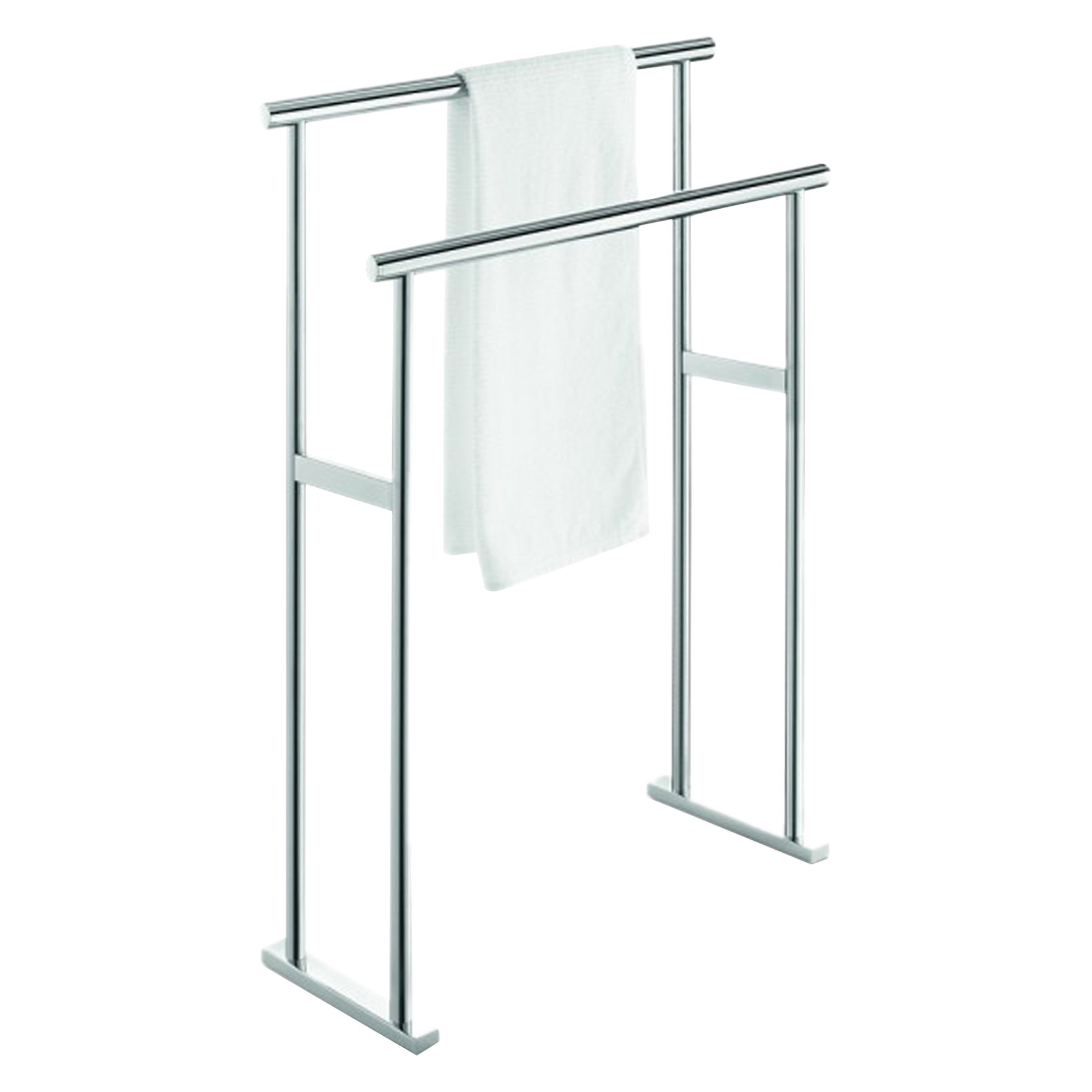 The Freestanding towel rack is a sleek and stylish piece designed with a glistening finish that adds a beautiful shine to the bathroom.